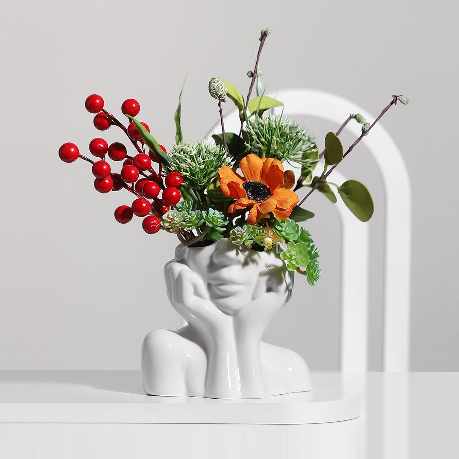 BrownLove Ceramic Face Vase with White Flower Design