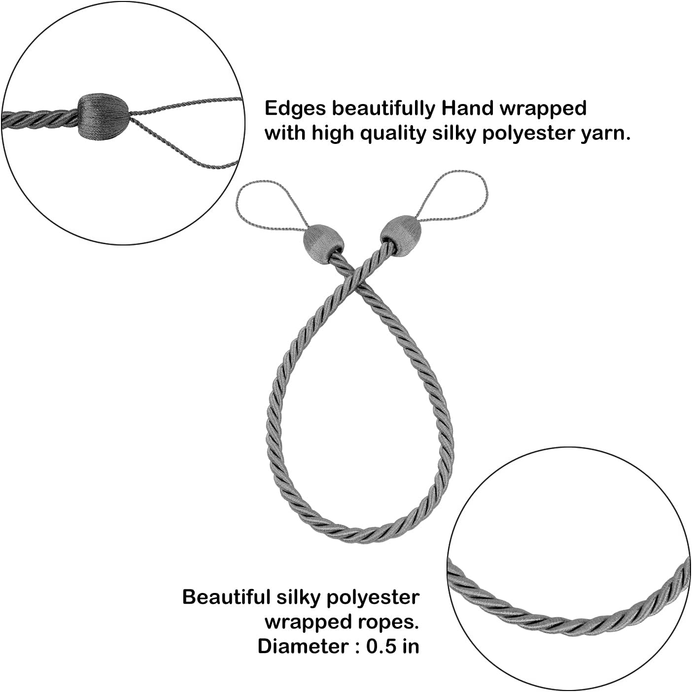 2 Pack Charcoal Polyester Curtain Tiebacks