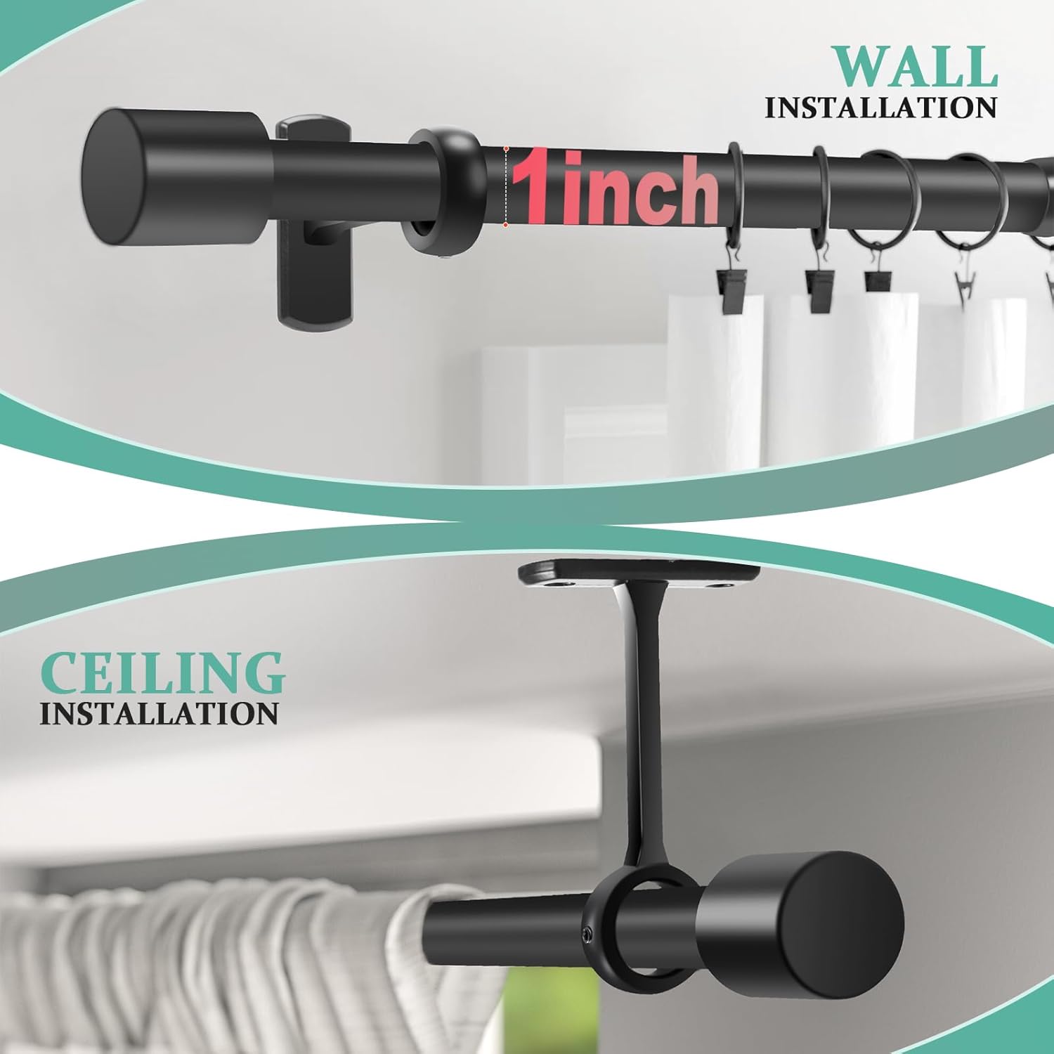 TAOBERFULI Adjustable 1 Inch Black Curtain Rods for Windows