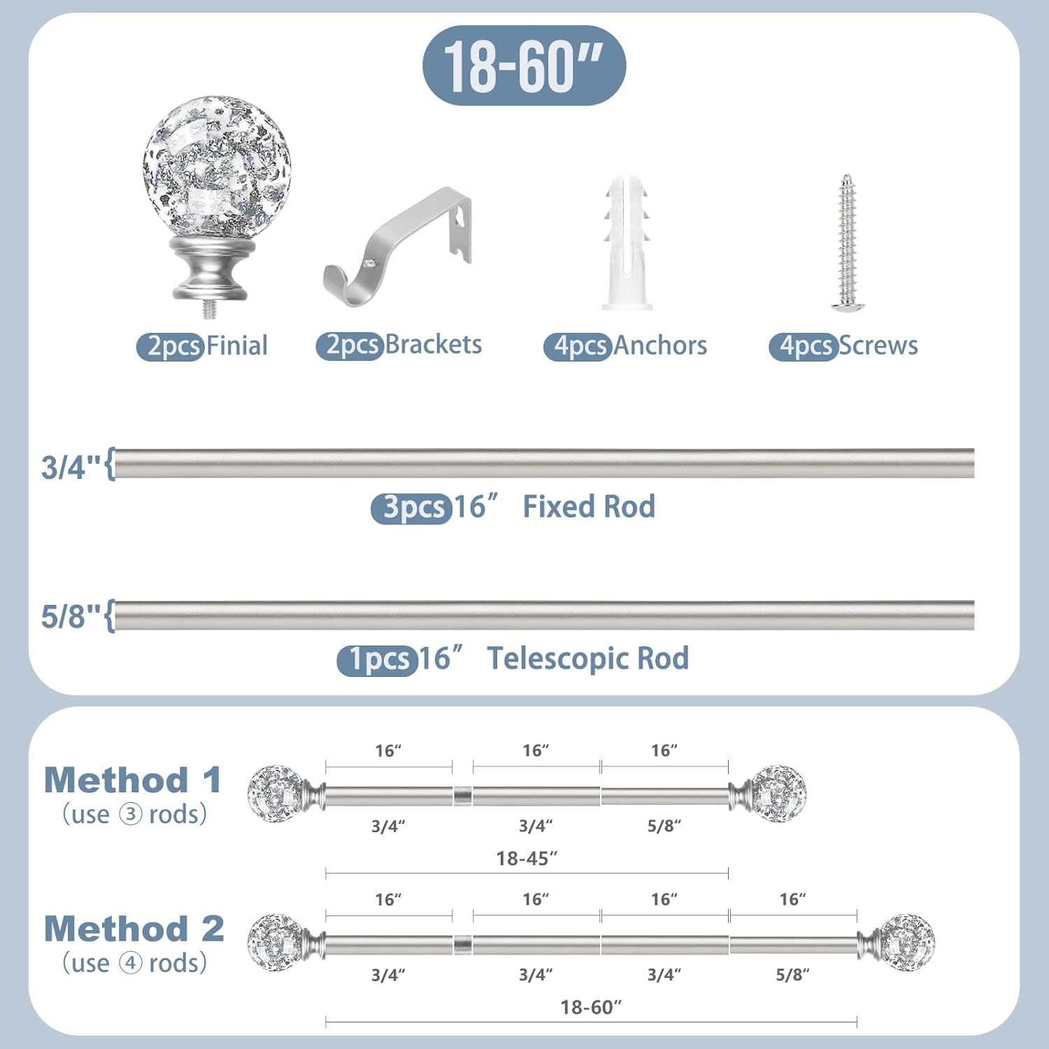 Silver Crystal Curtain Rods 18-60 Inches Adjustable