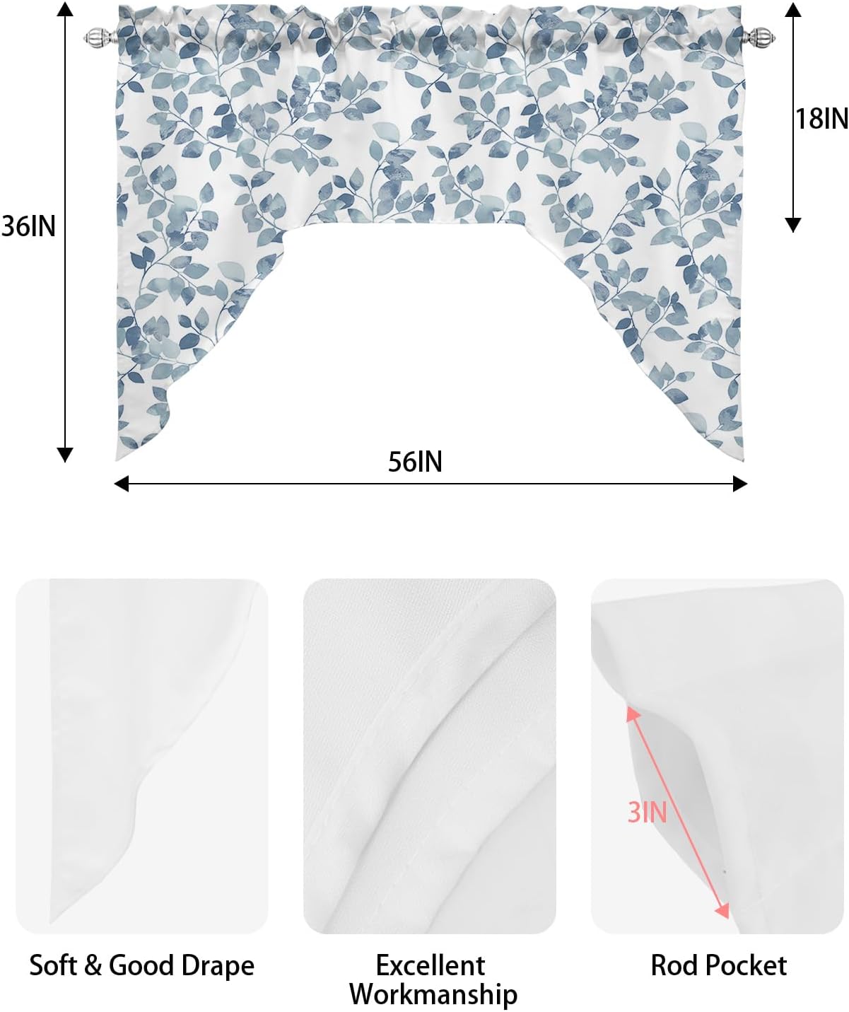 Blue Leaves Swag Valance Kitchen Curtains 56x36