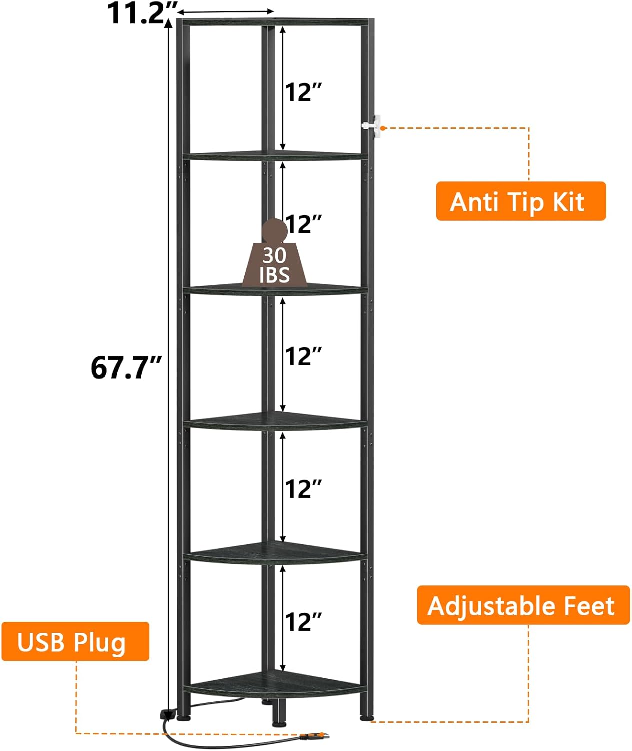 Furnulem 6 Tier Corner Shelf with LED Light Black
