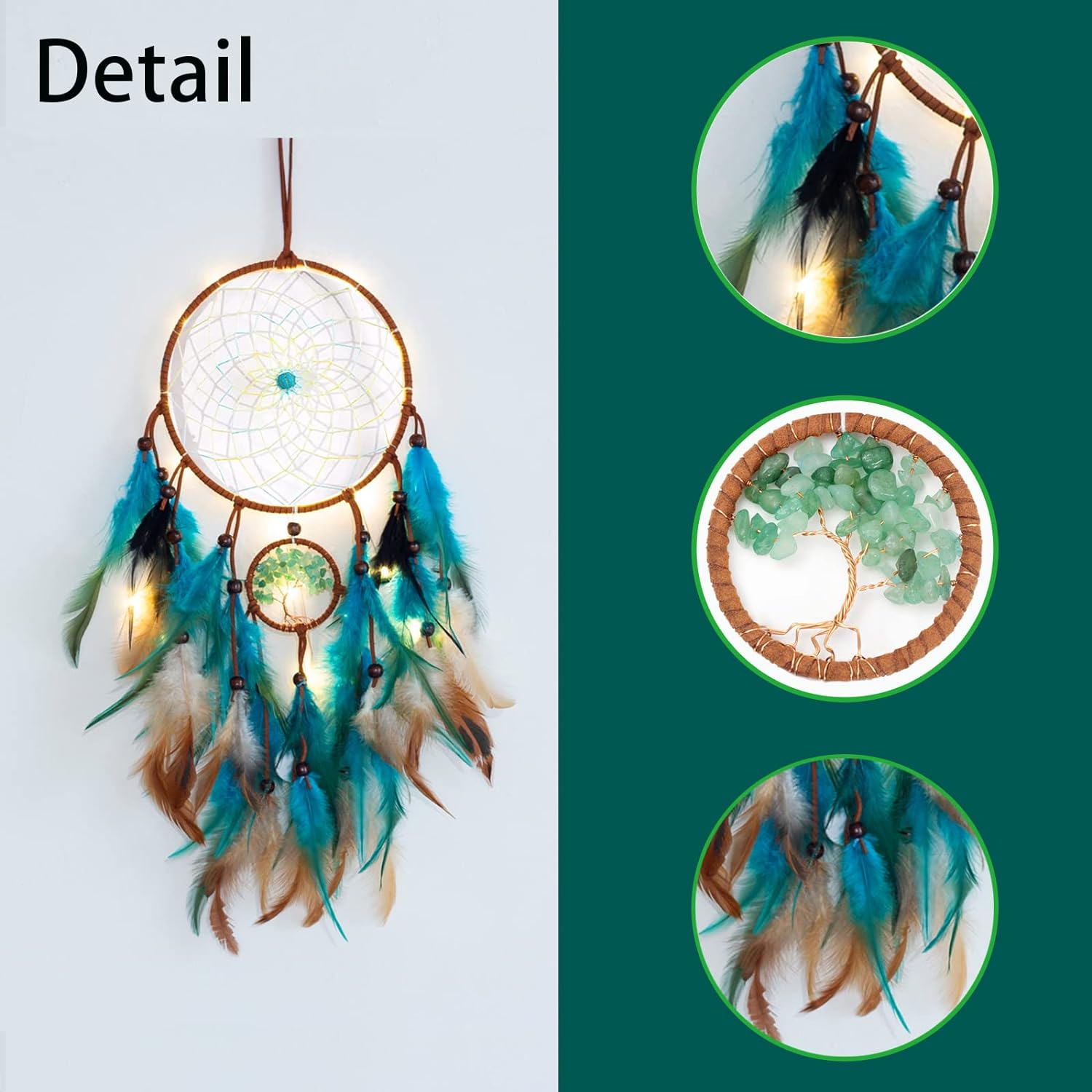 Dream Catcher with Blue Tree of Life and Feathers