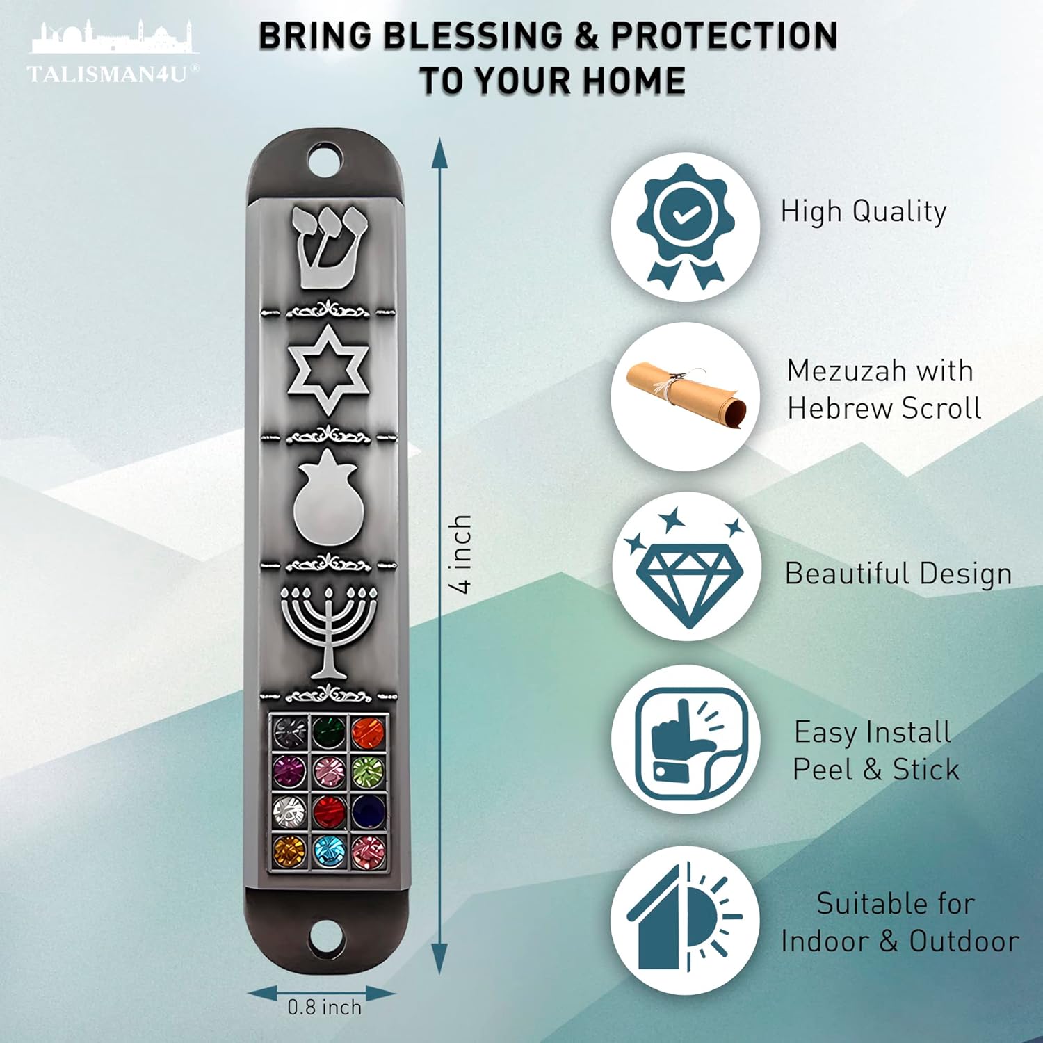 Pewter Mezuzah Case with Scroll and 3D Star of David