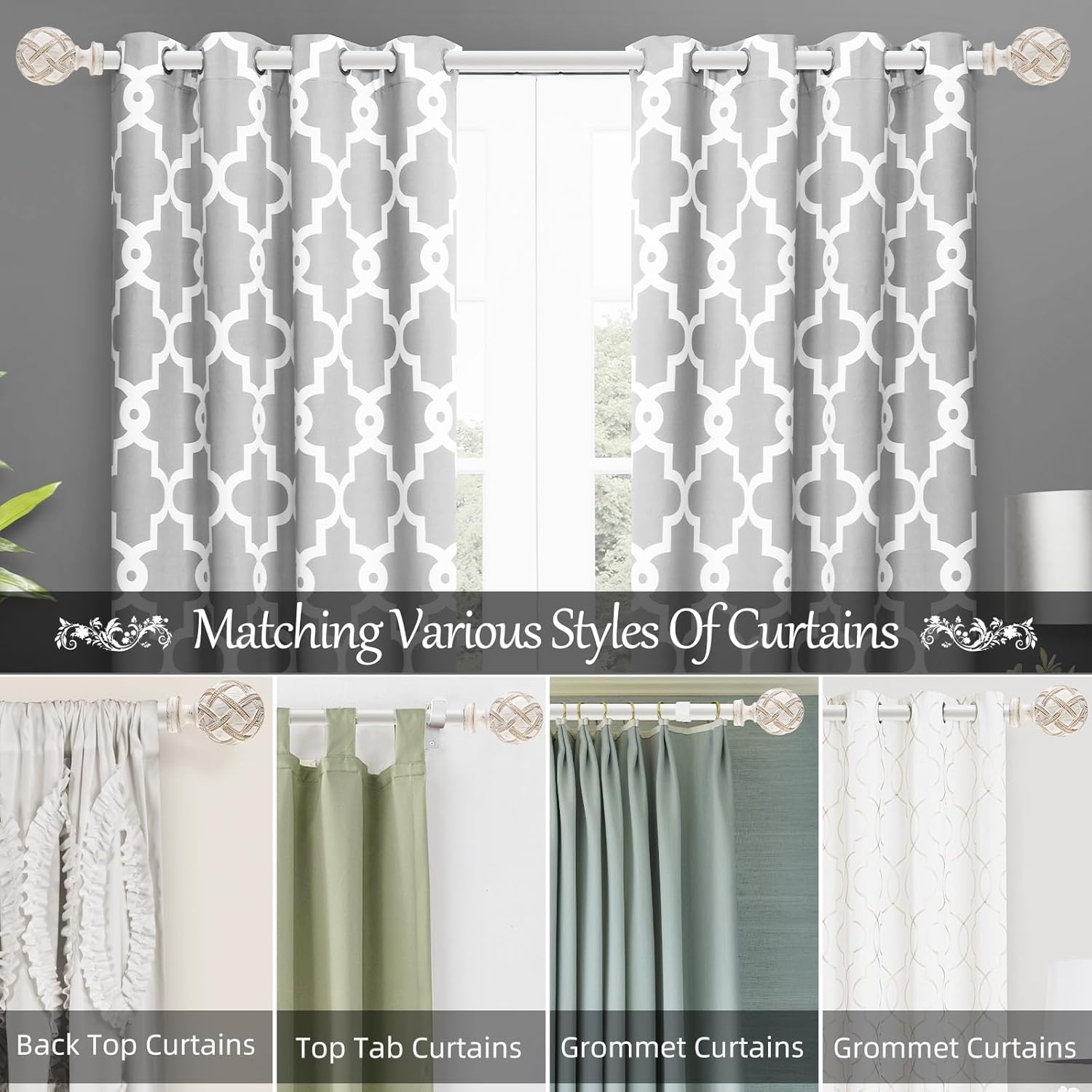 Weathered White Single Curtain Rod for Windows 48-84 Inches