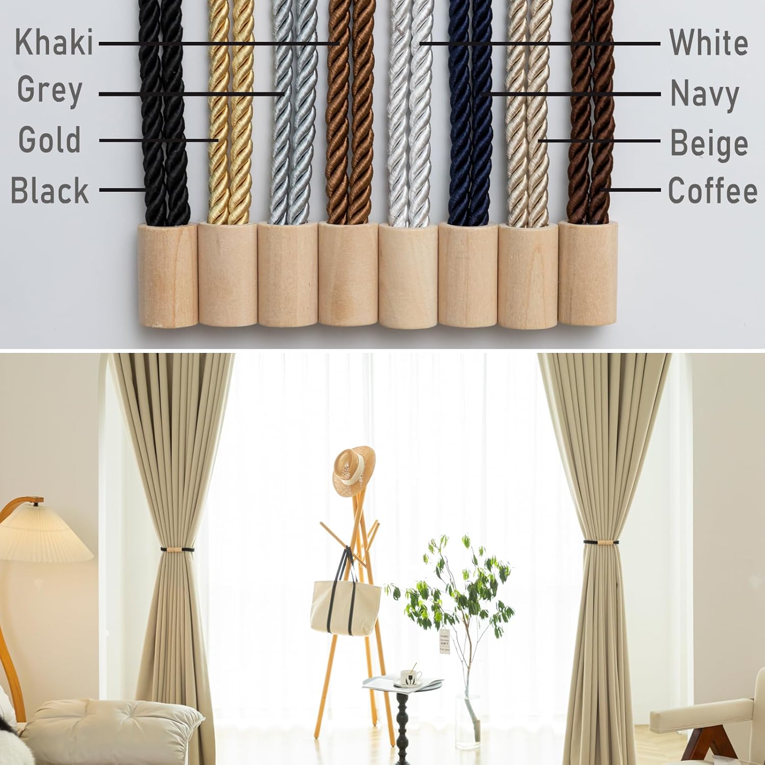 Contoeey Wooden Curtain Tiebacks 2 Pack Magnetic Boho Holders