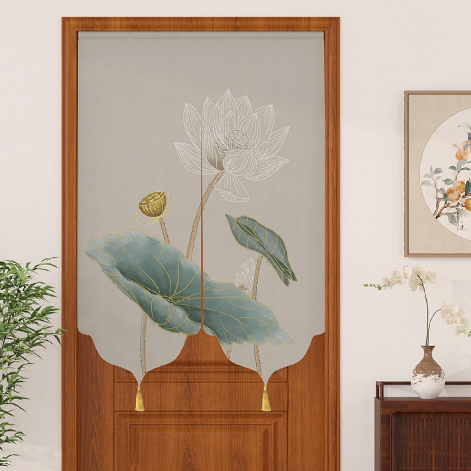 Chinese Lotus Door Curtain with Tassel Telescopic Rod Flexible and Thin 1