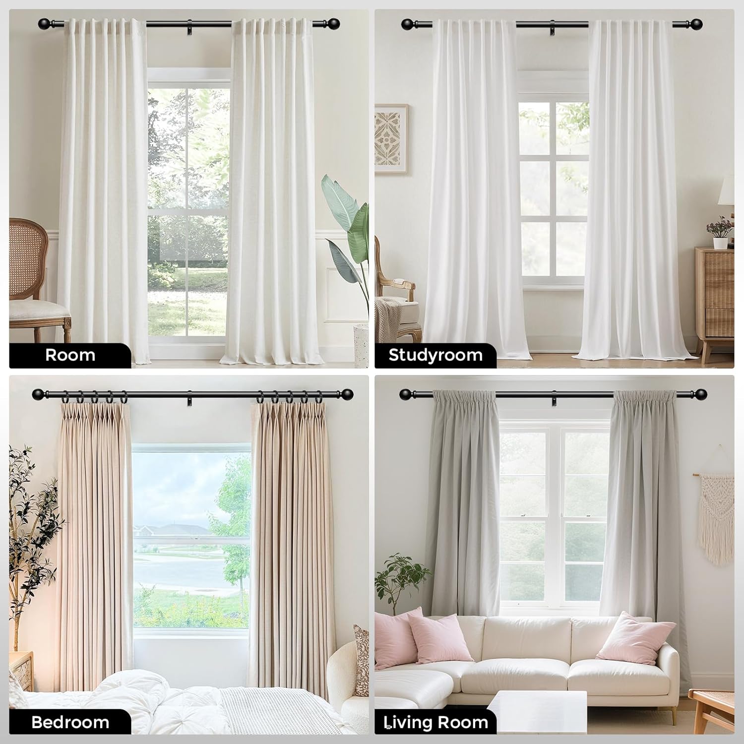 2 Pack Black Curtain Rods 48 to 84 Inch Adjustable Heavy Duty
