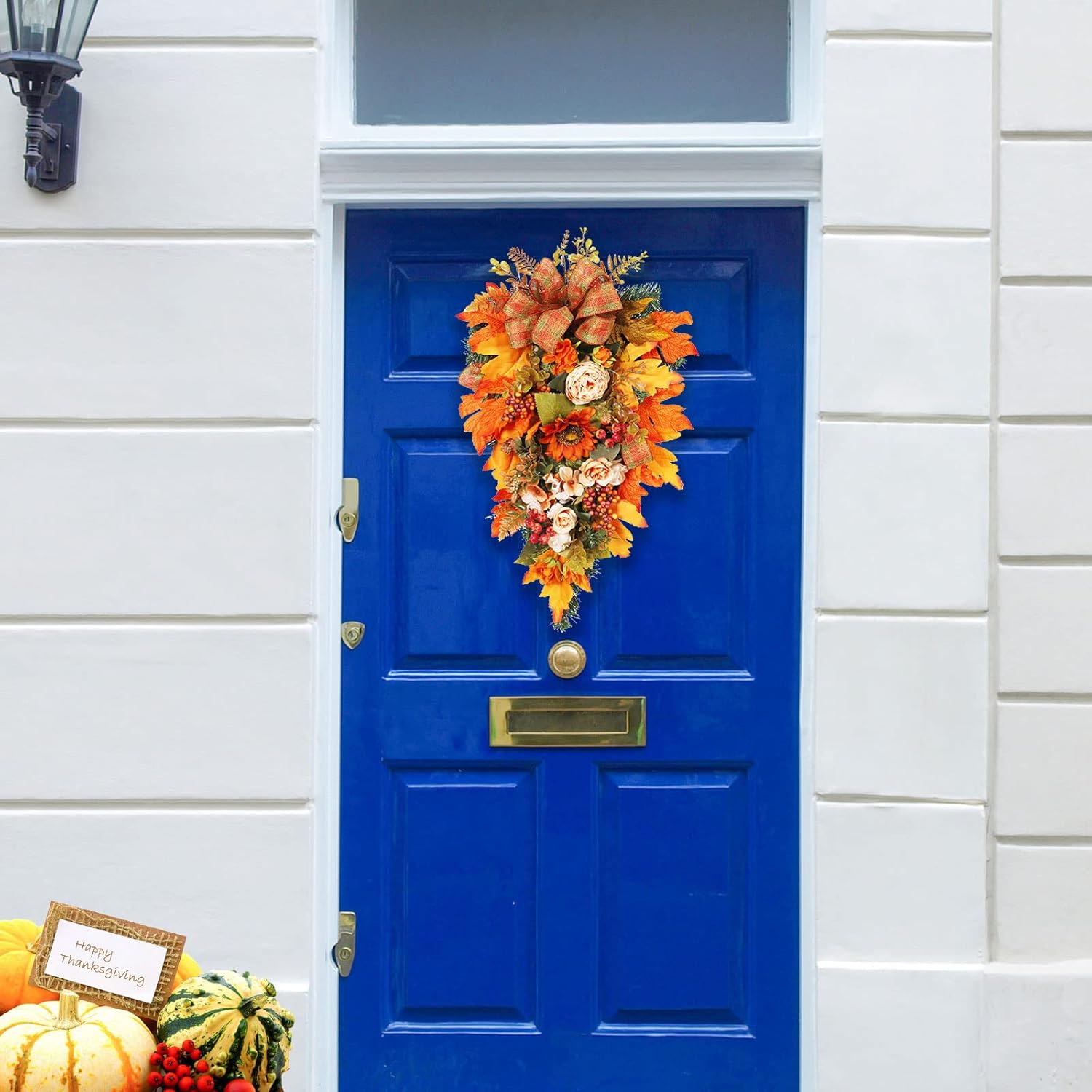 Harvest Teardrop Wreath with Light Fall Decor
