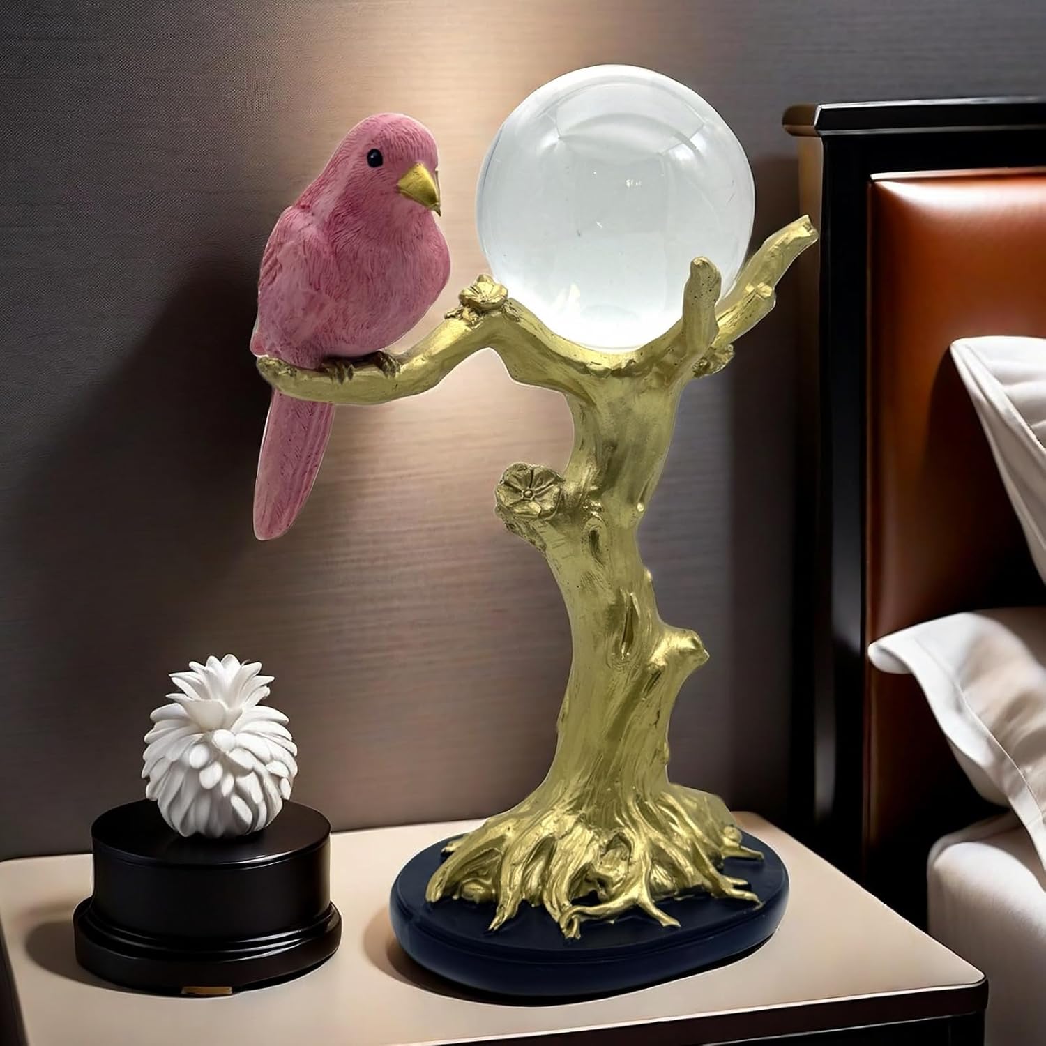 Pink Resin Bird on Tree Branch with Crystal Glass Ball Statue