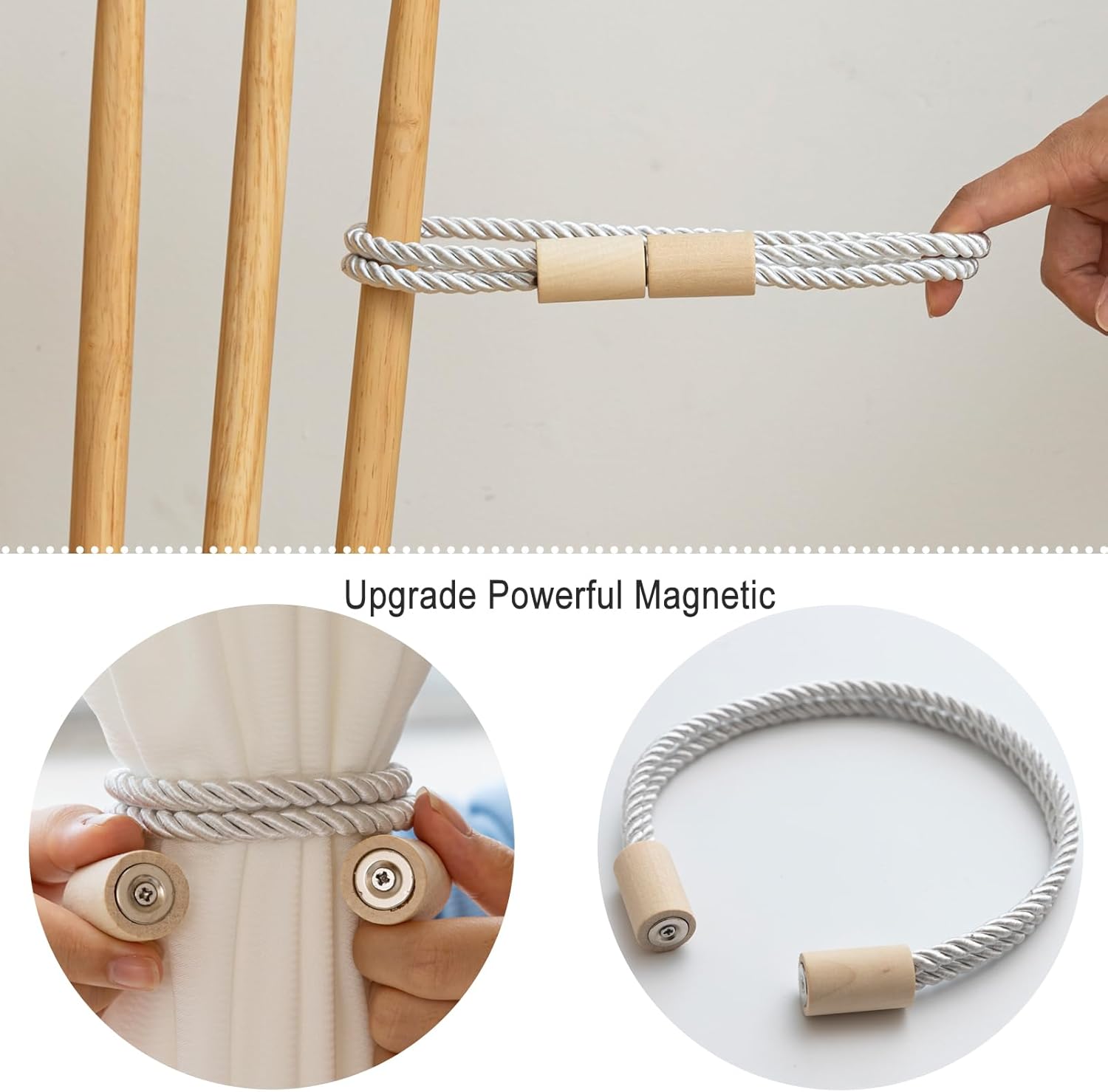Contoeey Wooden Curtain Tiebacks 2 Pack Magnetic Boho Holders