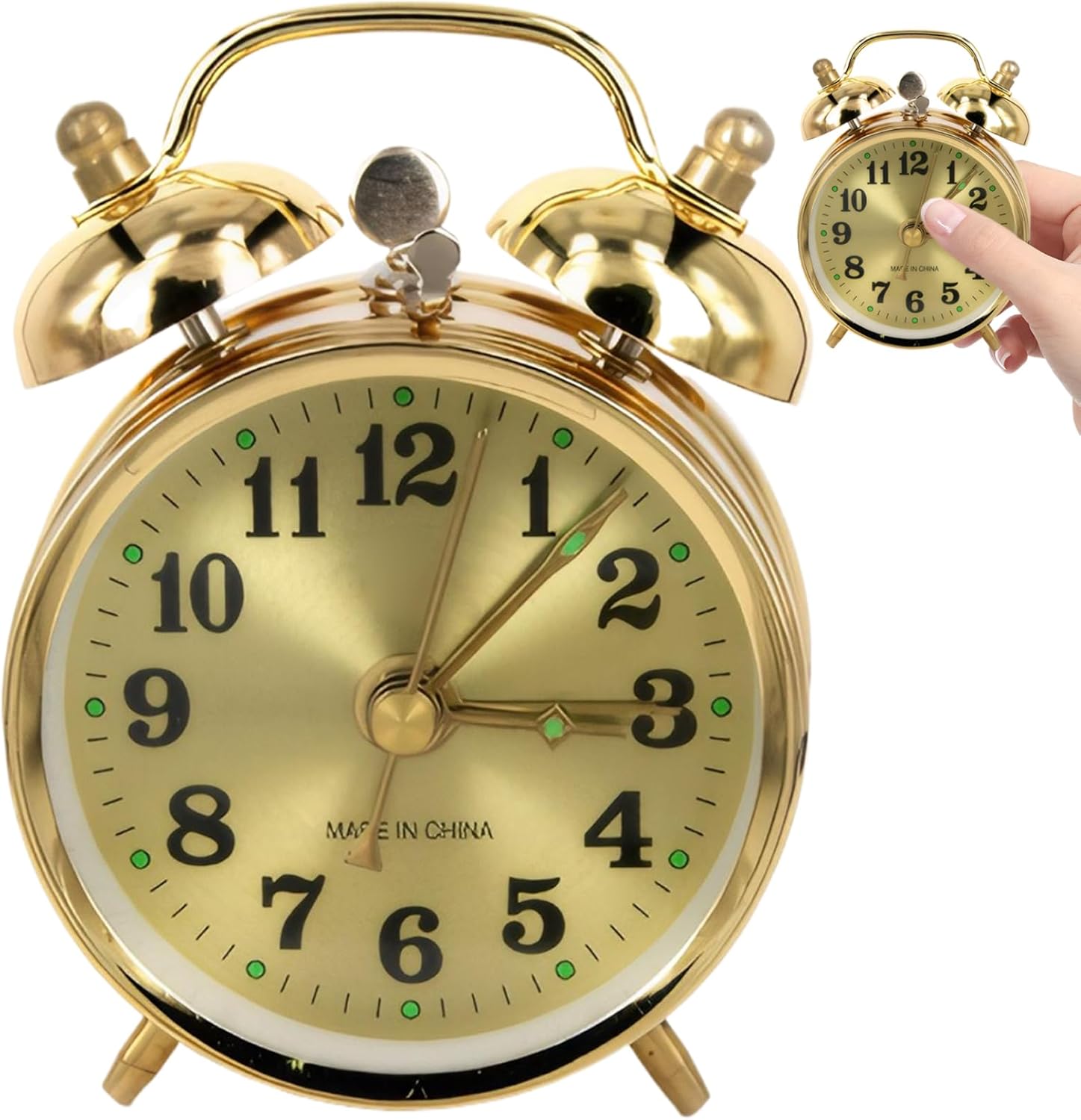 Wind Up Alarm Clock with Twin Bell Gold Metal Design