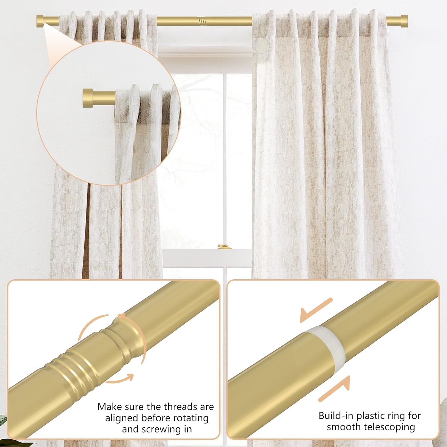 OLV 2 Pack Gold Adjustable Curtain Rods for Windows 48-84 Inch