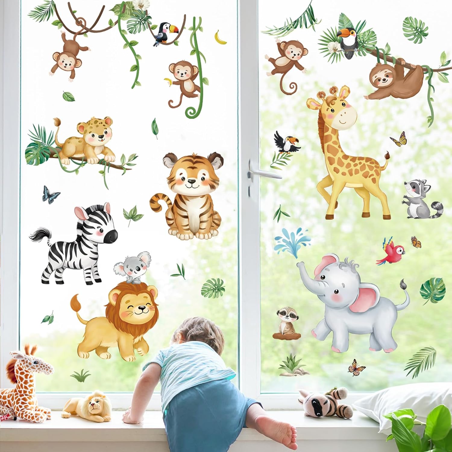 Decalmile Summer Safari Double Sided Jungle Animals Window Clings