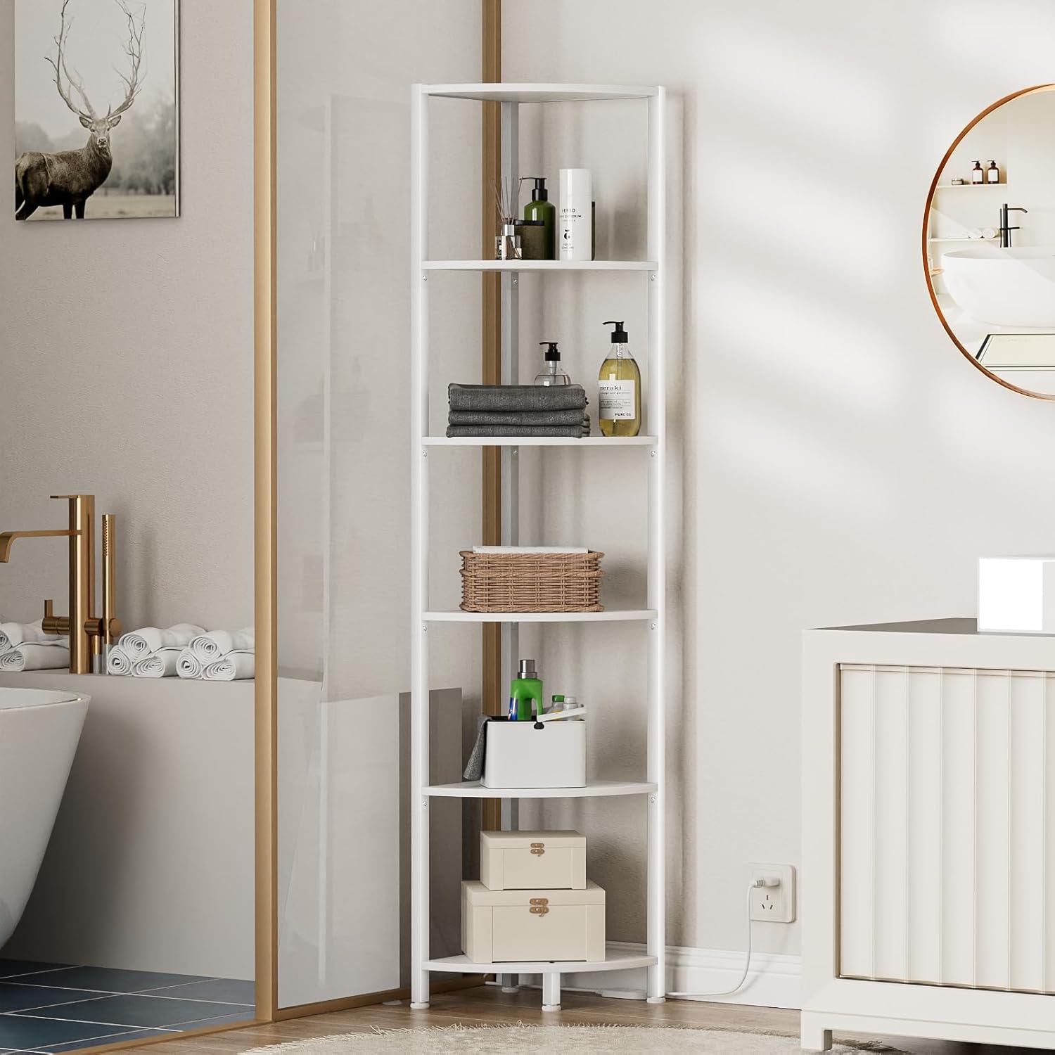 Furnulem 6 Tier Corner Shelf with LED Light White