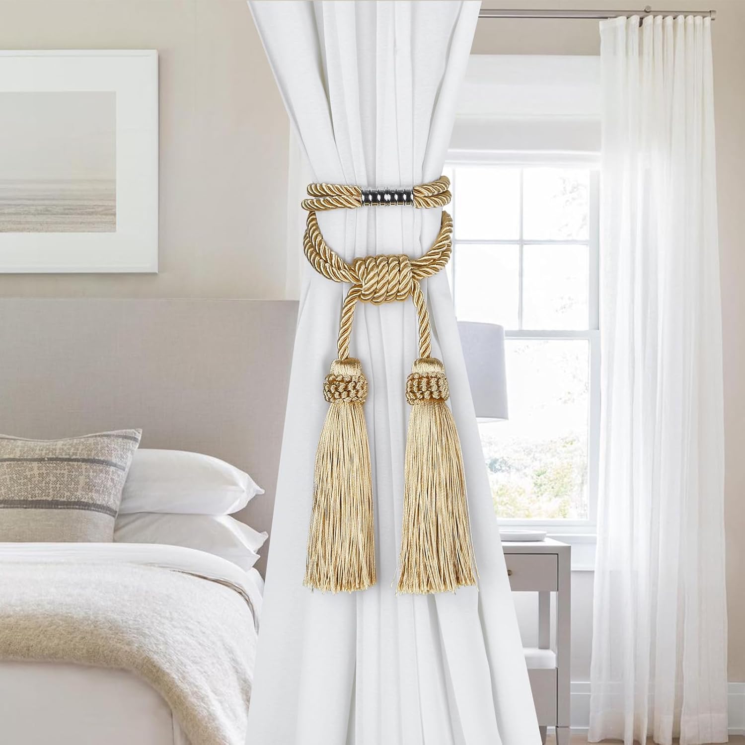 Fenghuangwu Magnetic Curtain Tiebacks 2 Pack Gold Tassel Holdback
