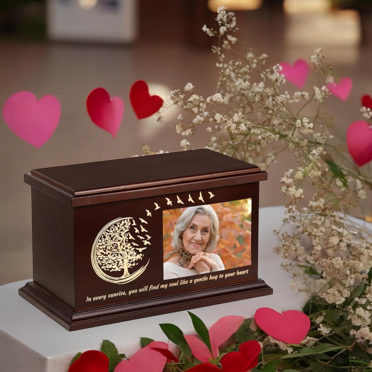 Elegant Wooden Cremation Urn with Photo Frame and Tree of Life Design