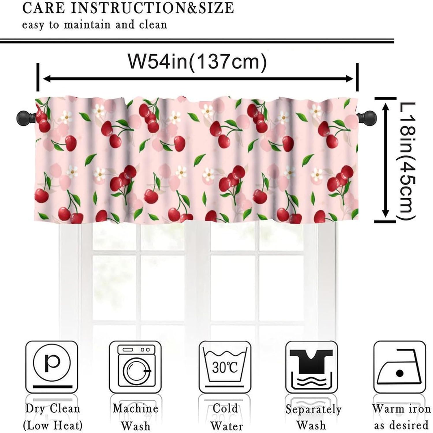 Red Cherry Fruit Kitchen Valance Curtains 54x18 Inch 1 Panel