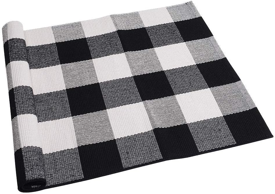 SEEKSEE Cotton Buffalo Plaid Rug 2x3 Black White Checked Mat