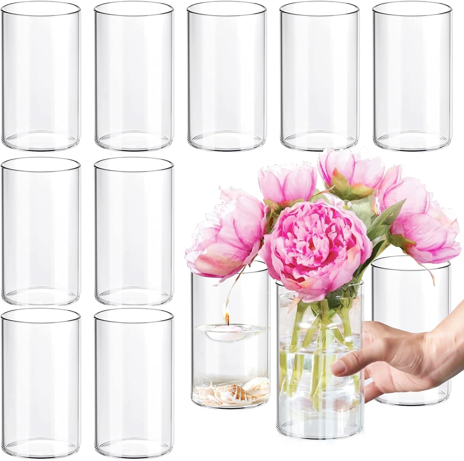 12Pcs Clear Glass Cylinder Vases for Centerpieces and Decor