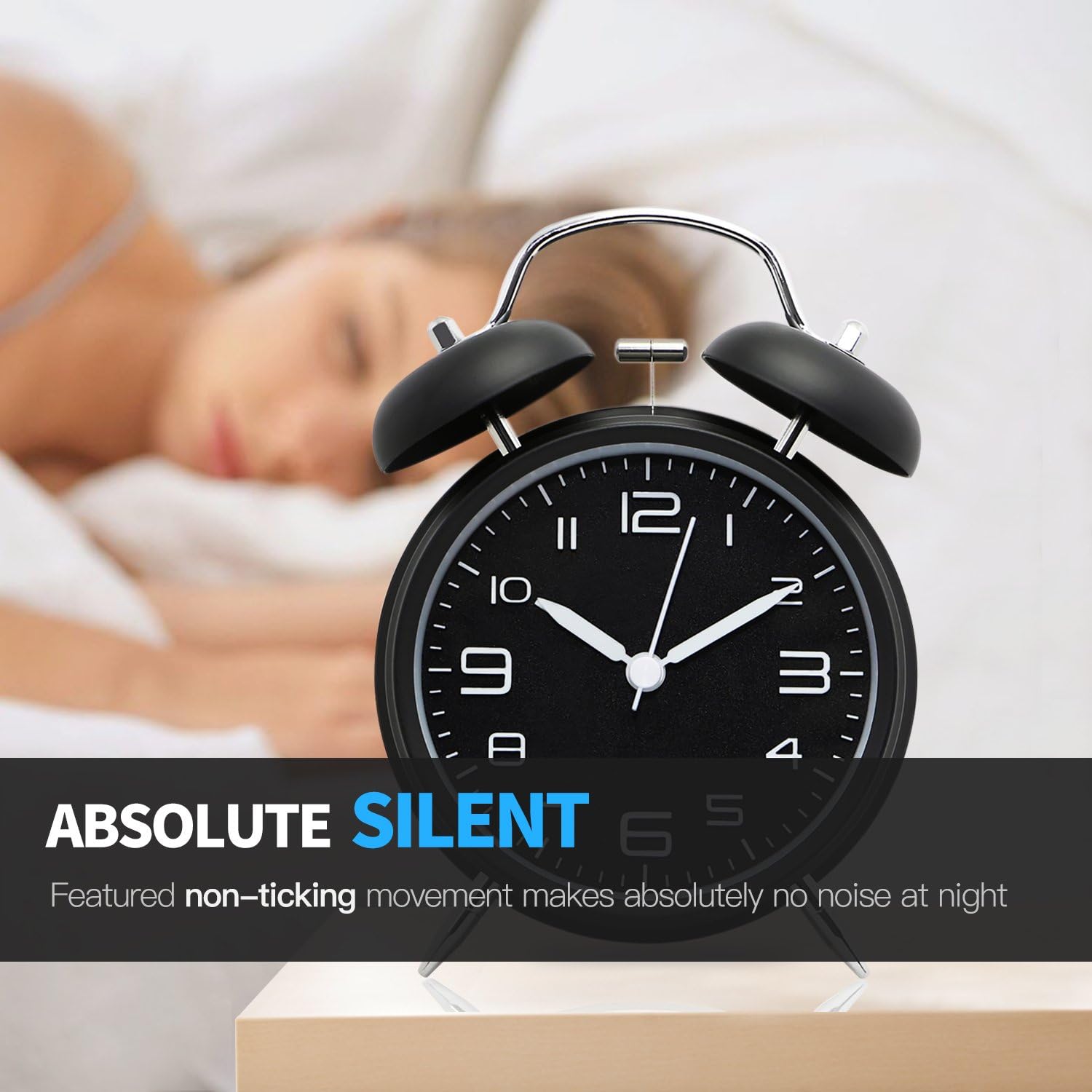 Betus Non-Ticking Twin Bell Alarm Clock with Backlight - Midnight Black