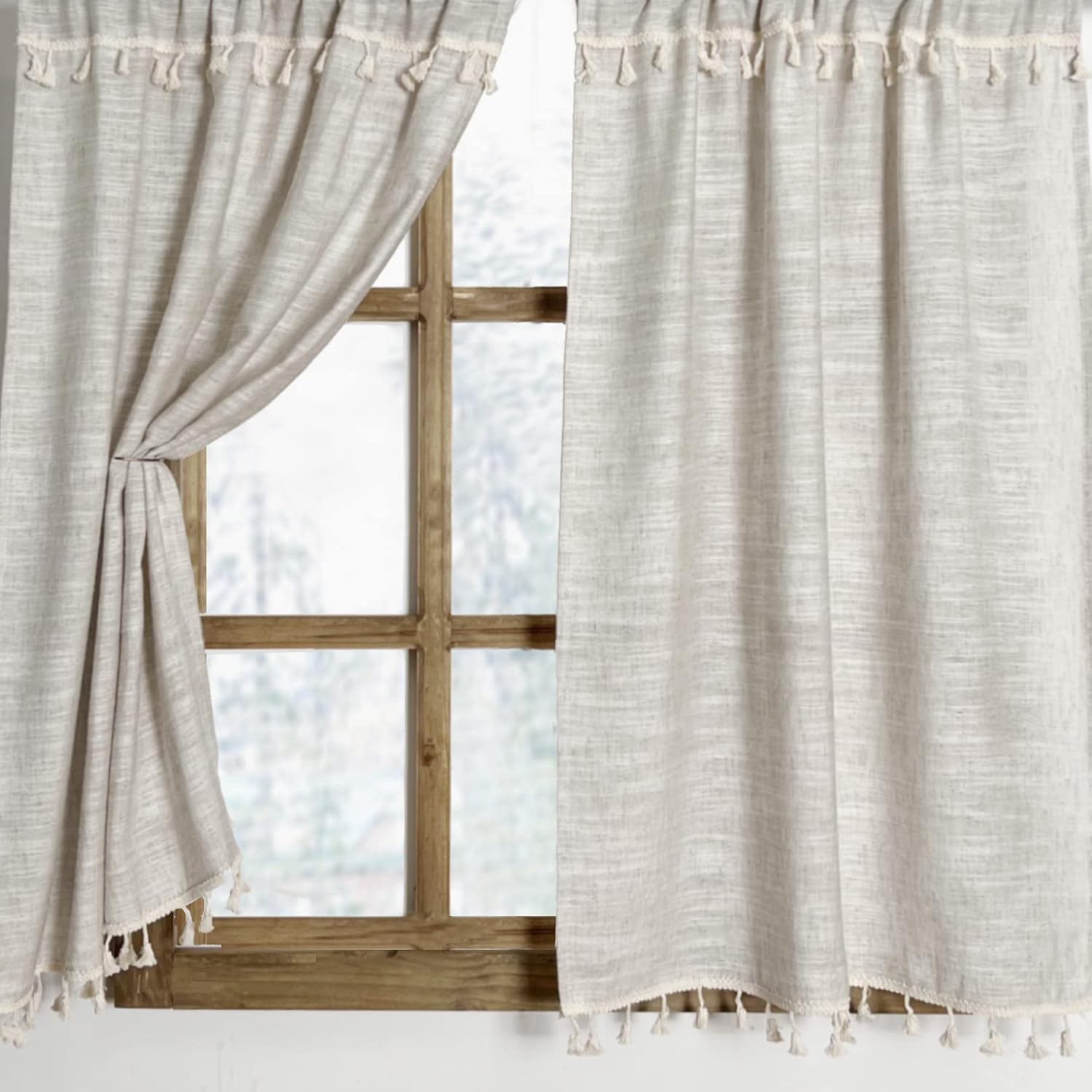 Boho Tassel Kitchen Curtains 2 Panels Natural 36 Inch Length