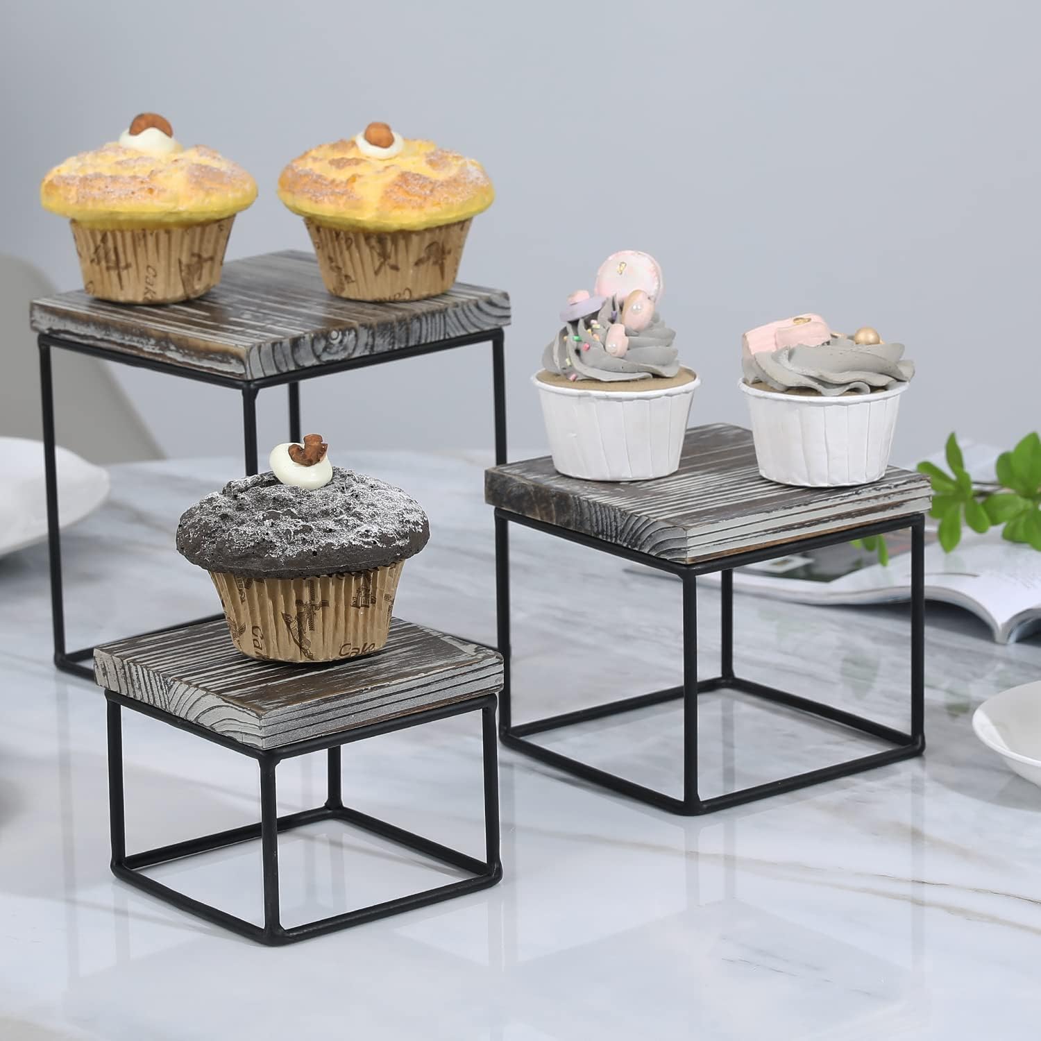 MyGift Rustic Torched Wood Cupcake Stand Risers Set