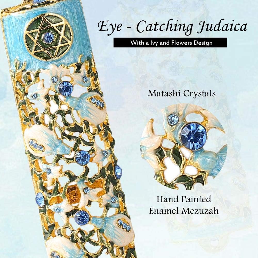 Matashi 35 Inch Hand Painted Mezuzah with Scroll and Blue Crystals