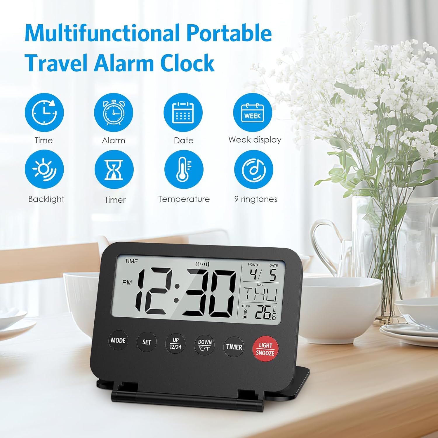 Olipiter Foldable Alarm Clock with Backlight and Temperature Display