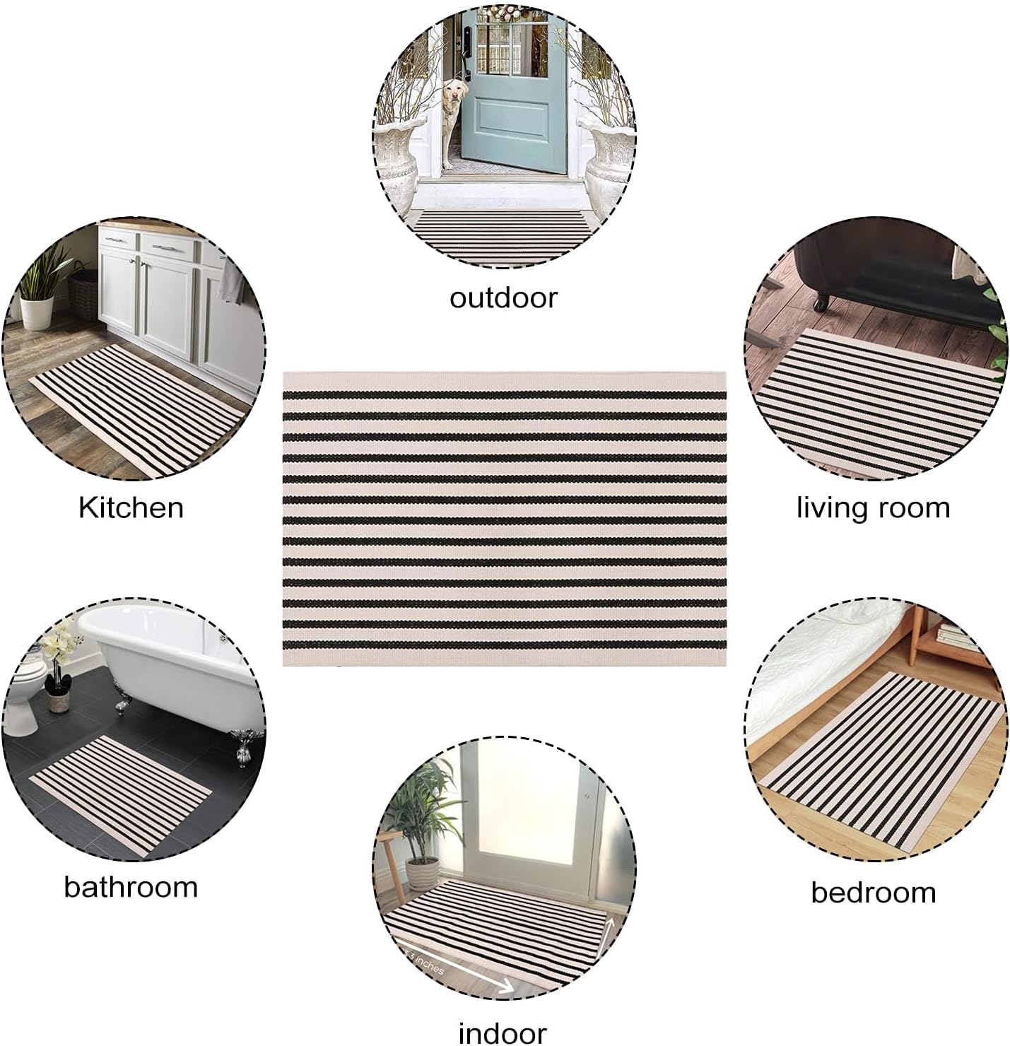 LEEVAN Black and White Striped Outdoor Rug 24x51
