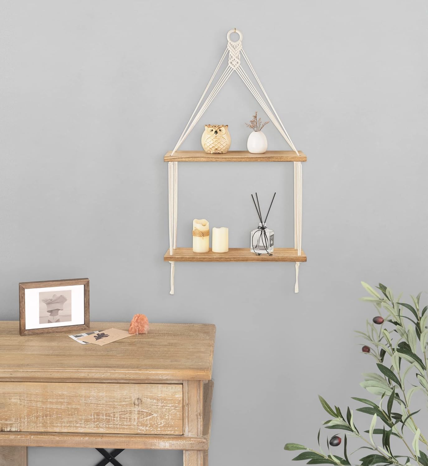 Mkono 2 Tier Macrame Shelf Wall Decor Floating Storage