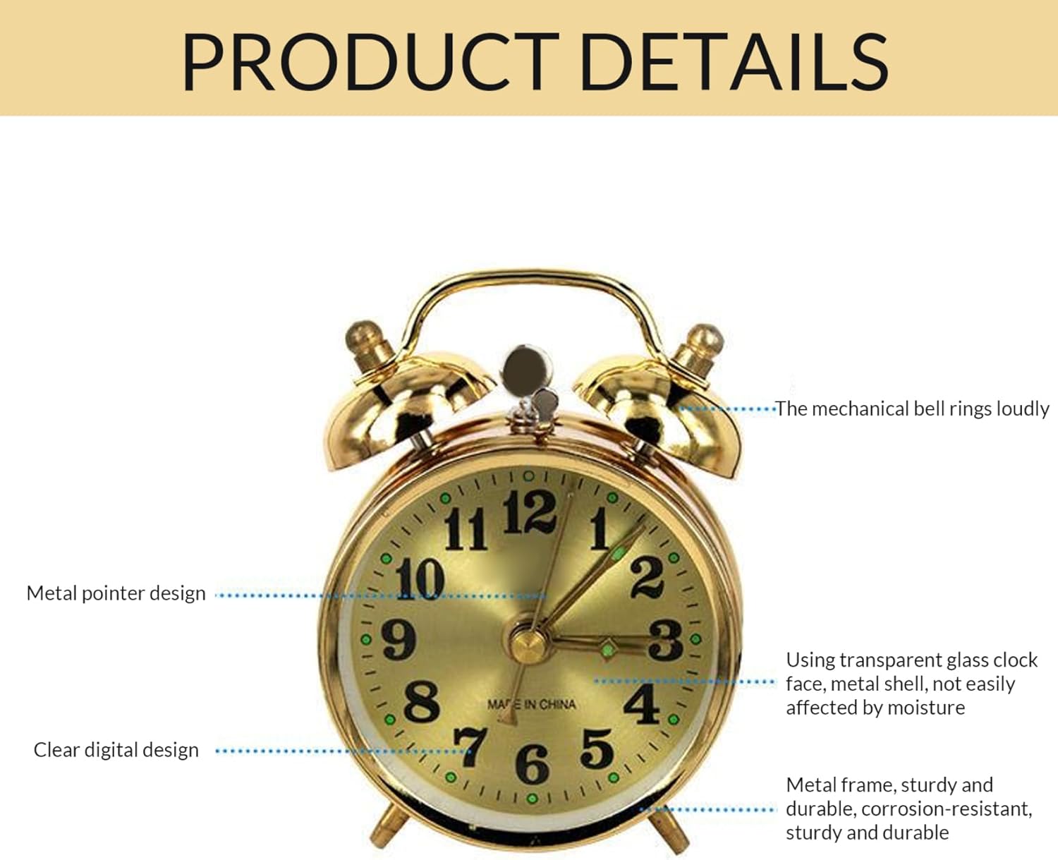 Wind Up Alarm Clock with Twin Bell Gold Metal Design