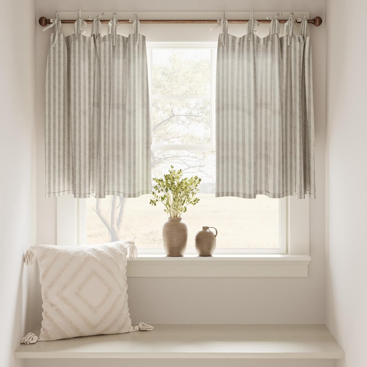 Jinchan Tie Top Linen Kitchen Curtains 2 Panels Taupe Grey