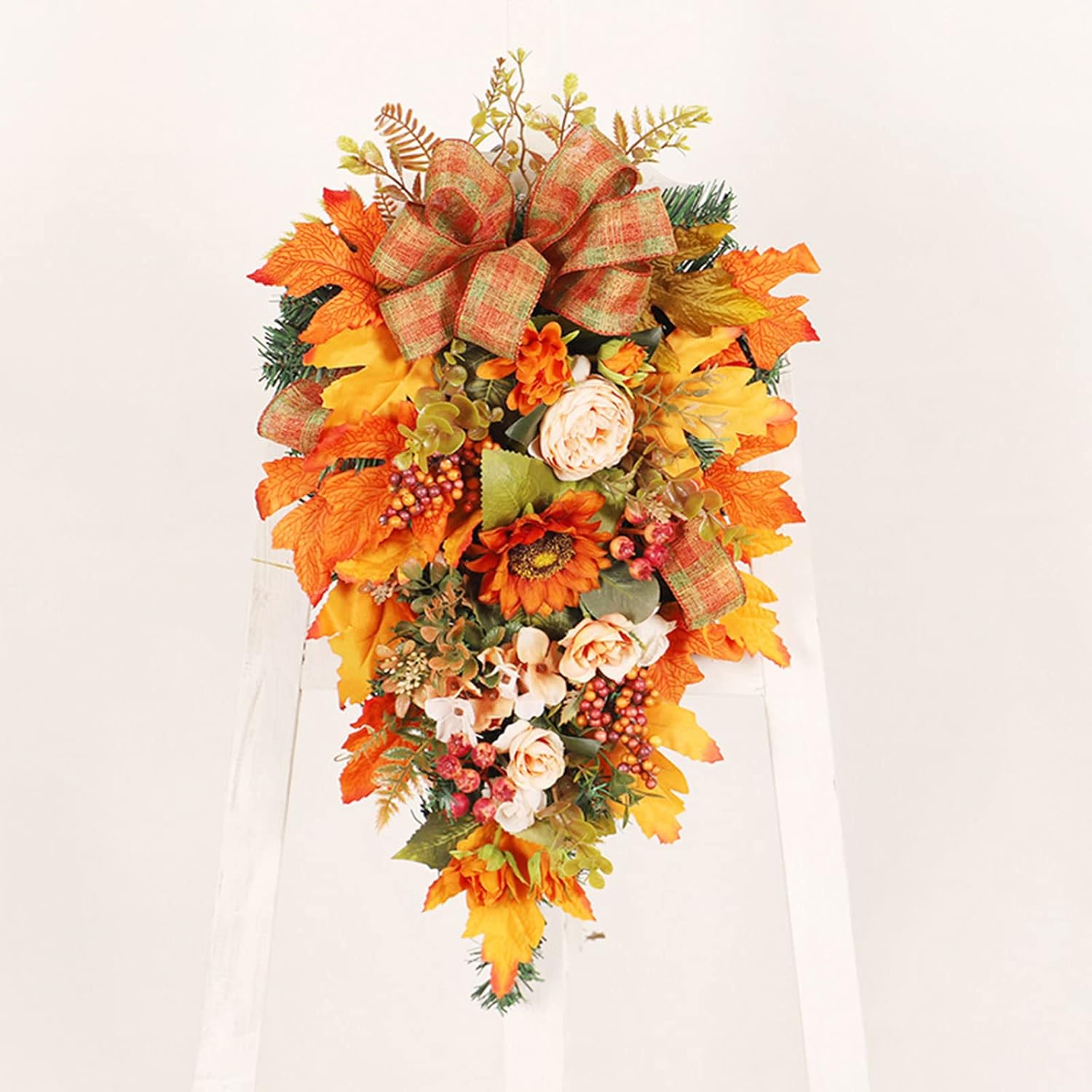 Harvest Teardrop Wreath with Light Fall Decor