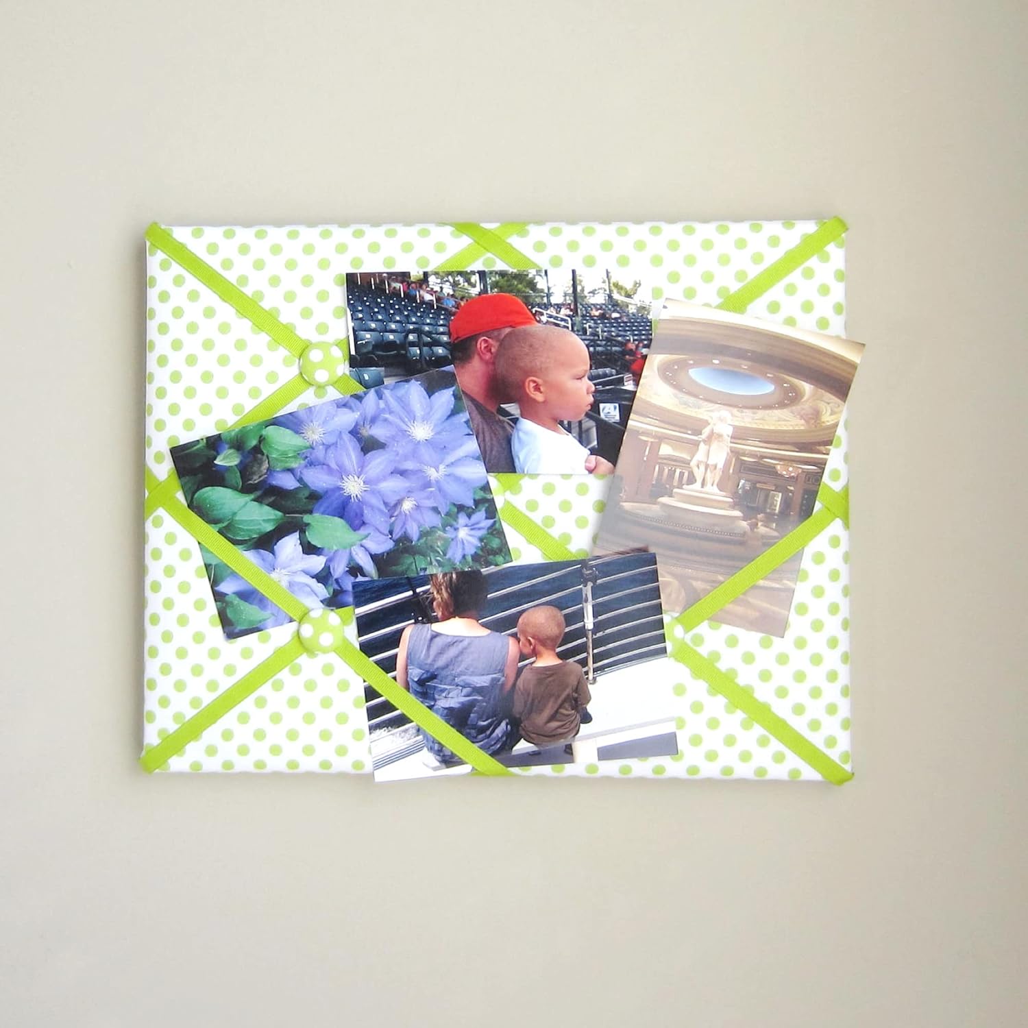 11x14 White and Lime Green Polka Dot Memory Board Bow Board