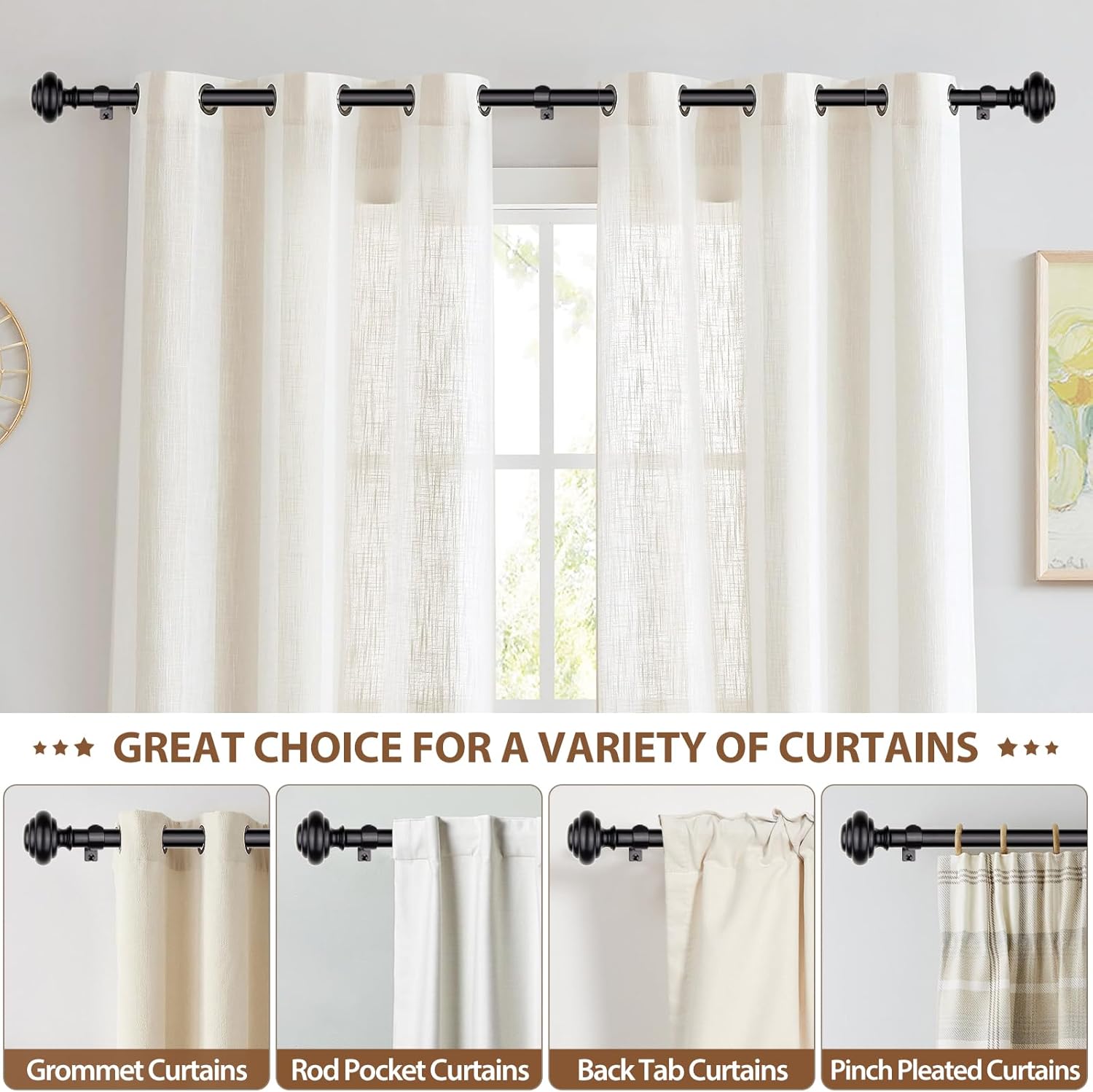 KAMANINA Adjustable Heavy Duty Curtain Rods Black 32-120 Inch Set
