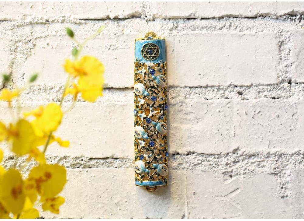 Matashi 35 Inch Hand Painted Mezuzah with Scroll and Blue Crystals