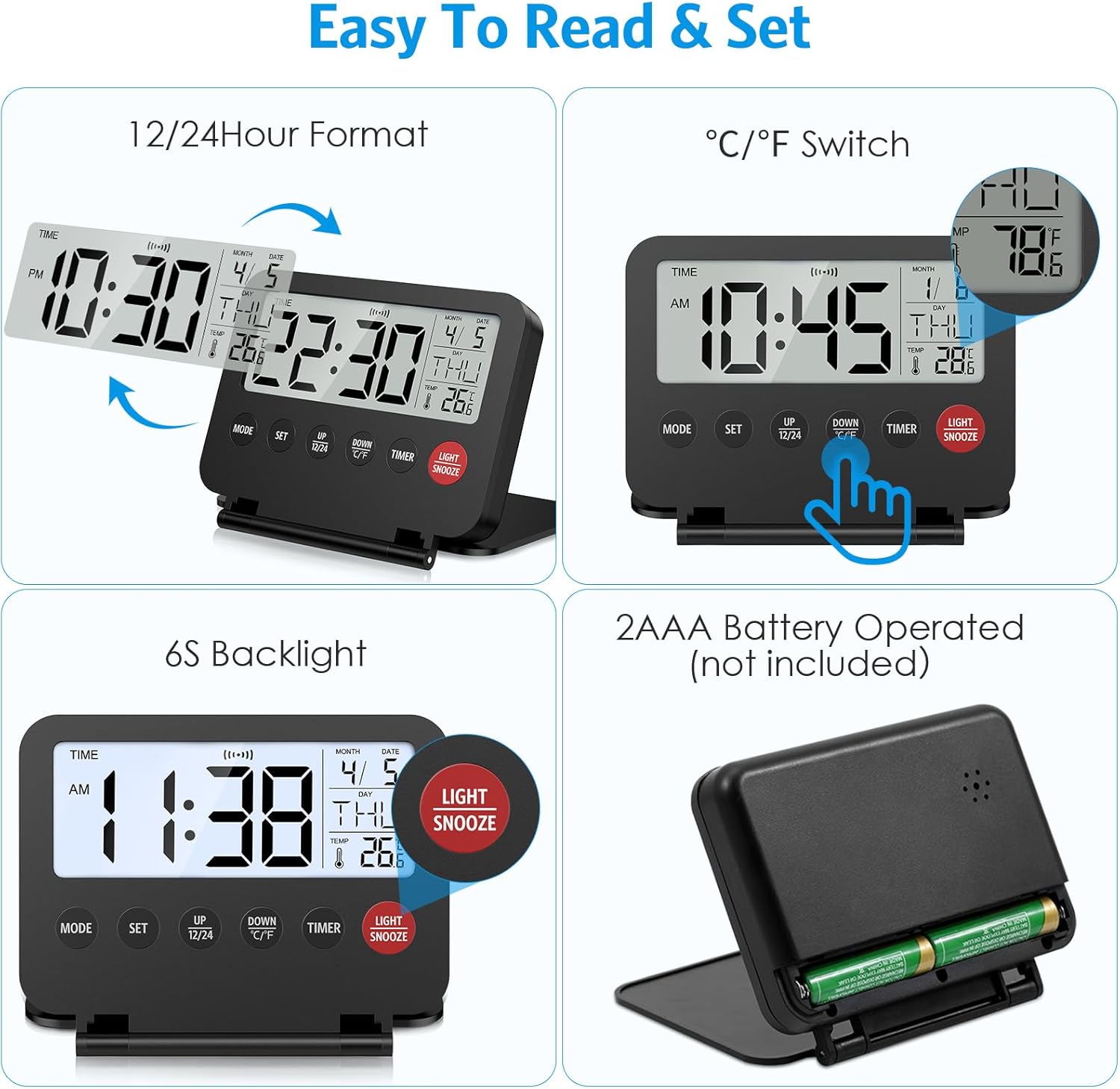 Olipiter Foldable Alarm Clock with Backlight and Temperature Display