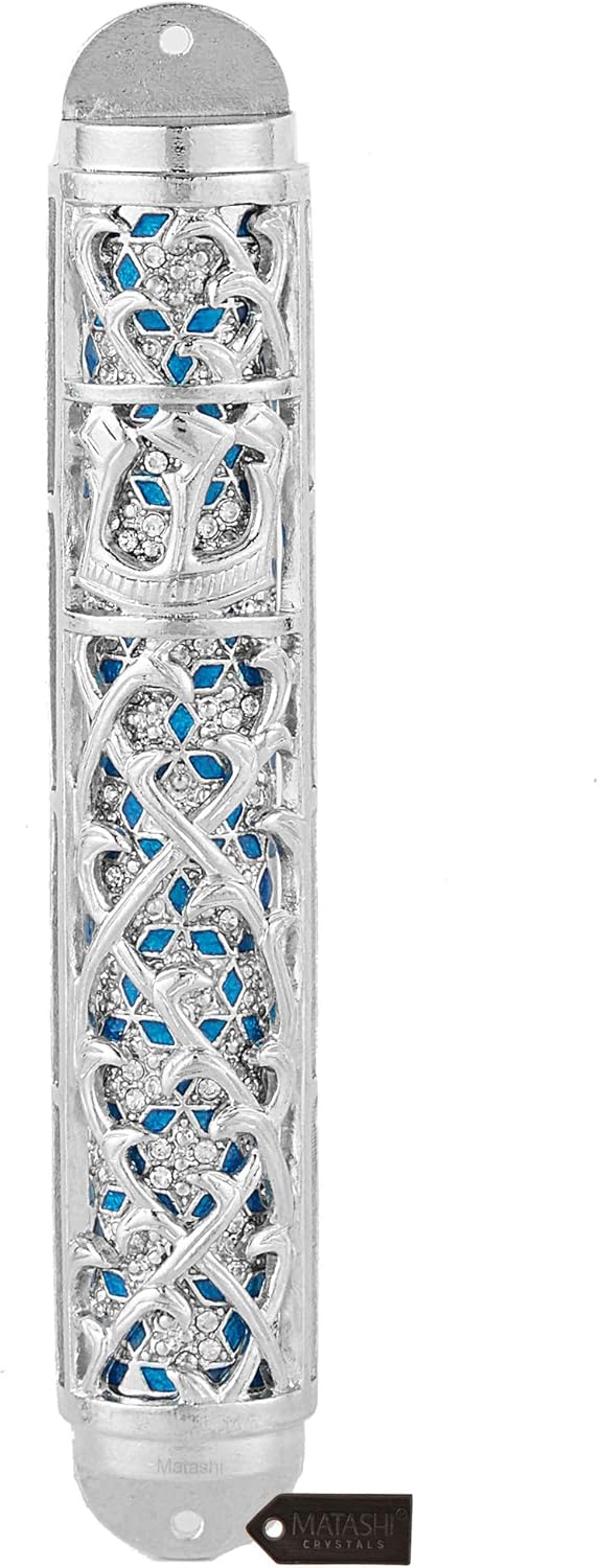 Matashi Hand Painted Enamel Mezuzah with Hebrew Shin and Crystals