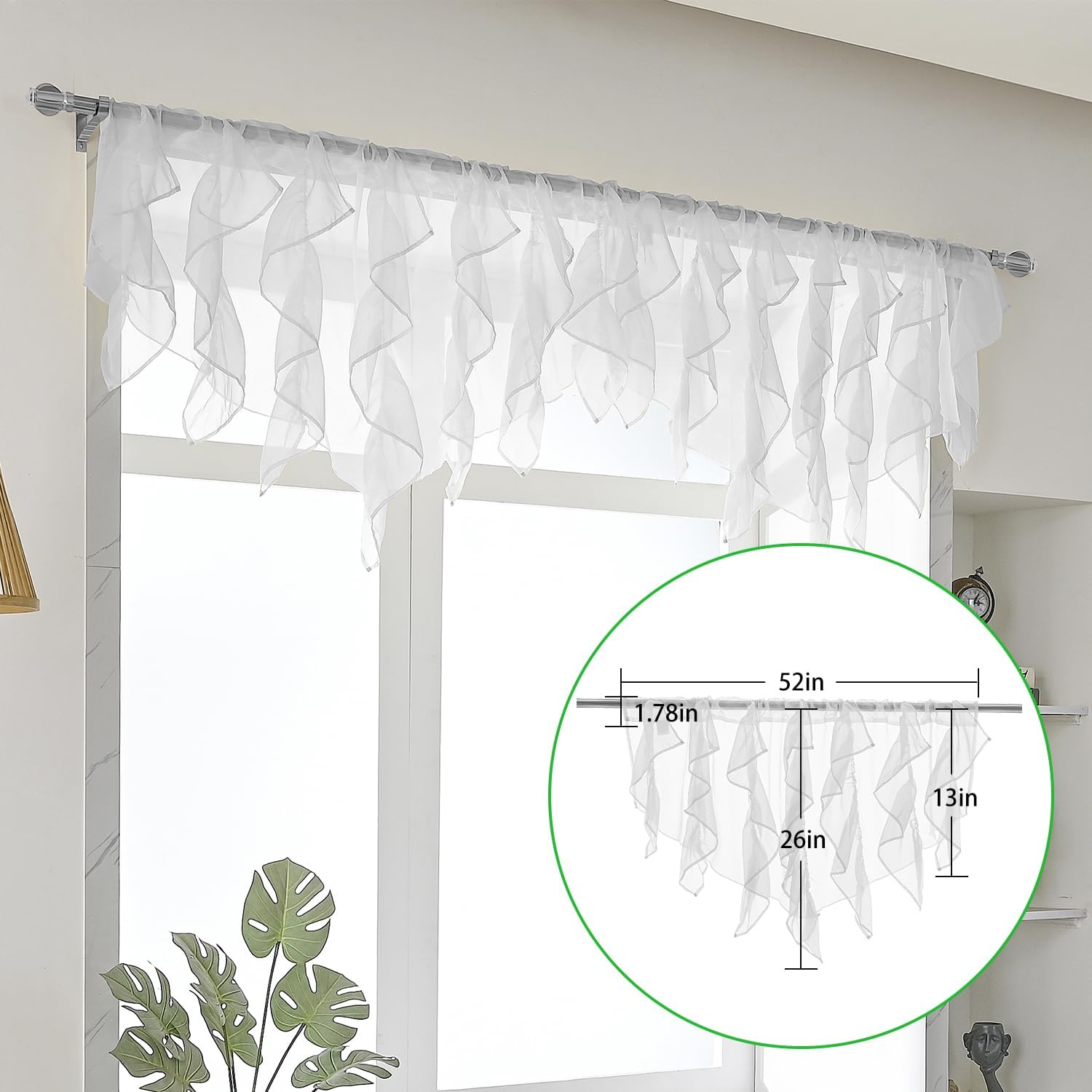 PearAge Ruffled Voile Semi Sheer Curtain Valance 52x26 Inches White-Triangle