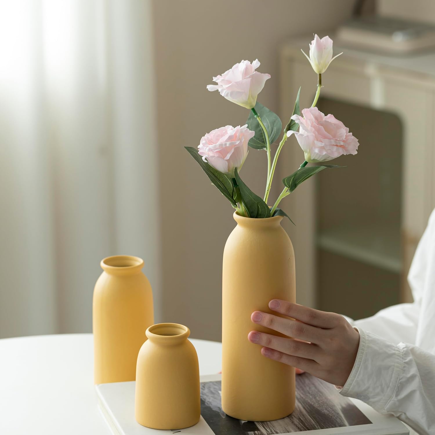 TINCTOTNIC Ceramic Vase Set 3 Distressed Yellow