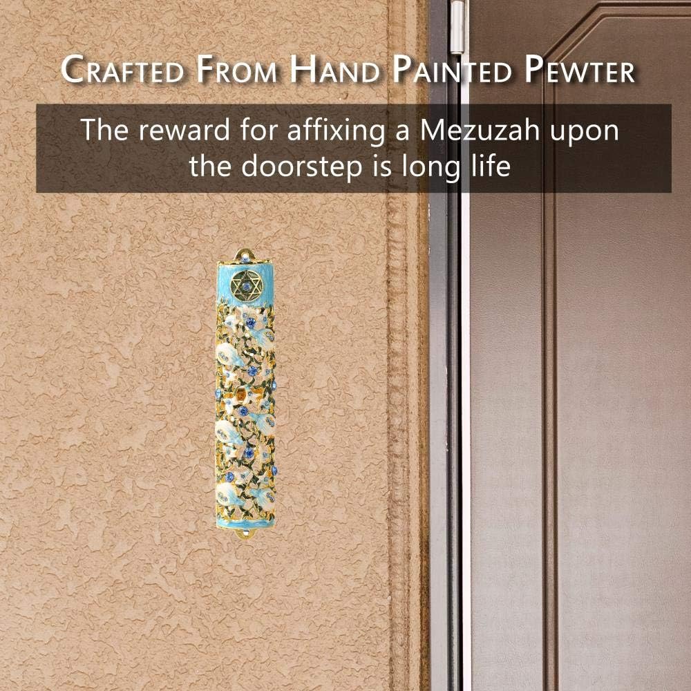 Matashi 35 Inch Hand Painted Mezuzah with Scroll and Blue Crystals