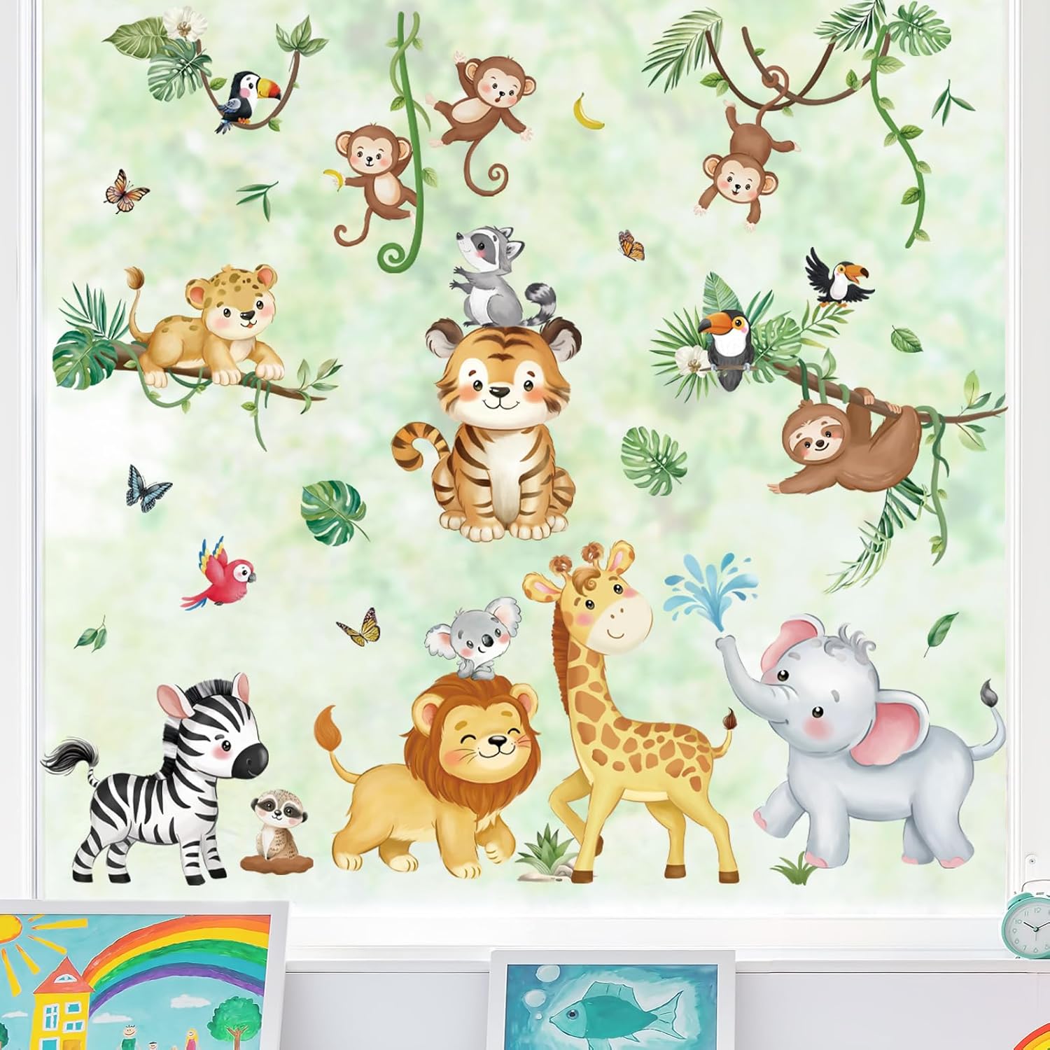 Decalmile Summer Safari Double Sided Jungle Animals Window Clings
