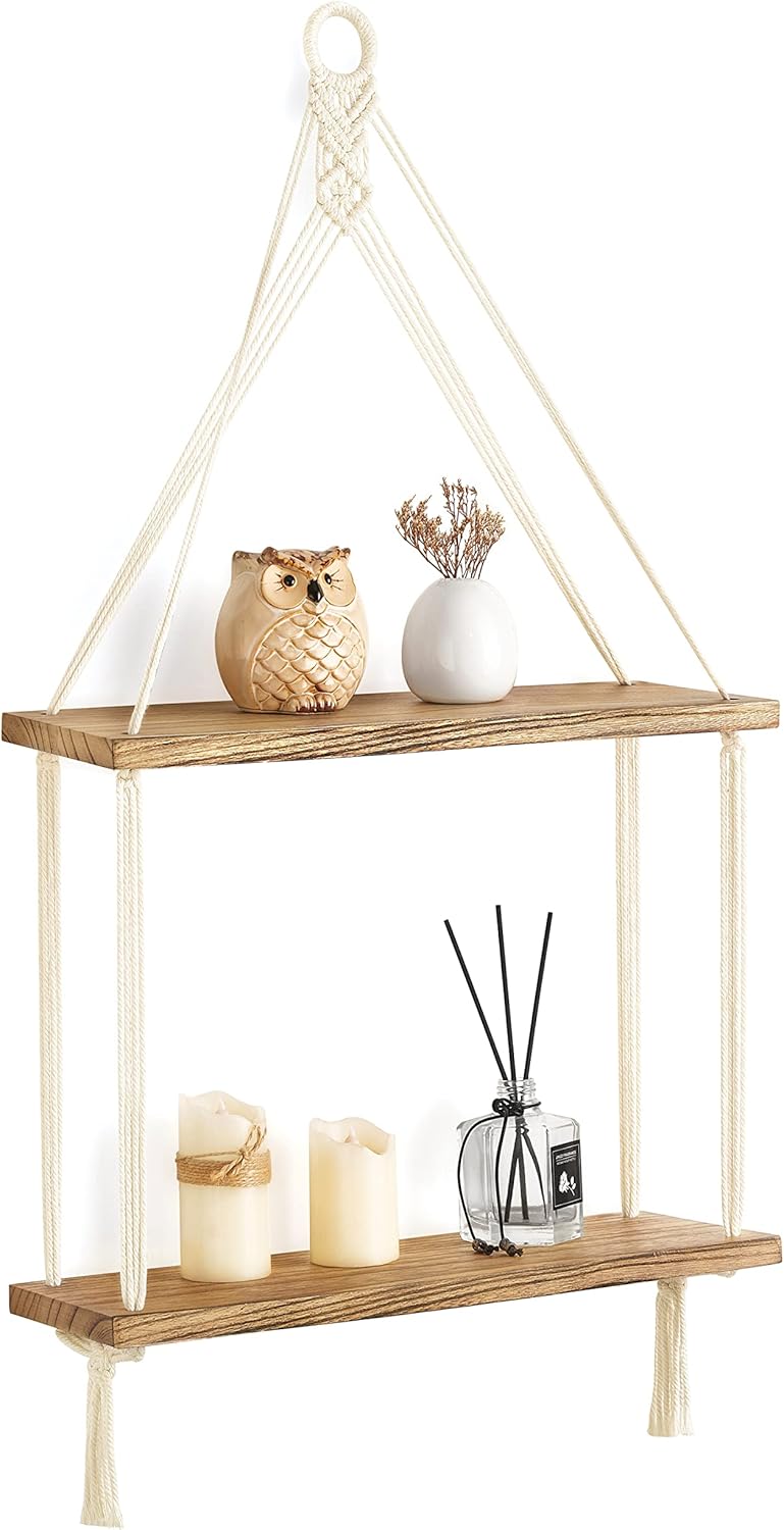 Mkono 2 Tier Macrame Shelf Wall Decor Floating Storage