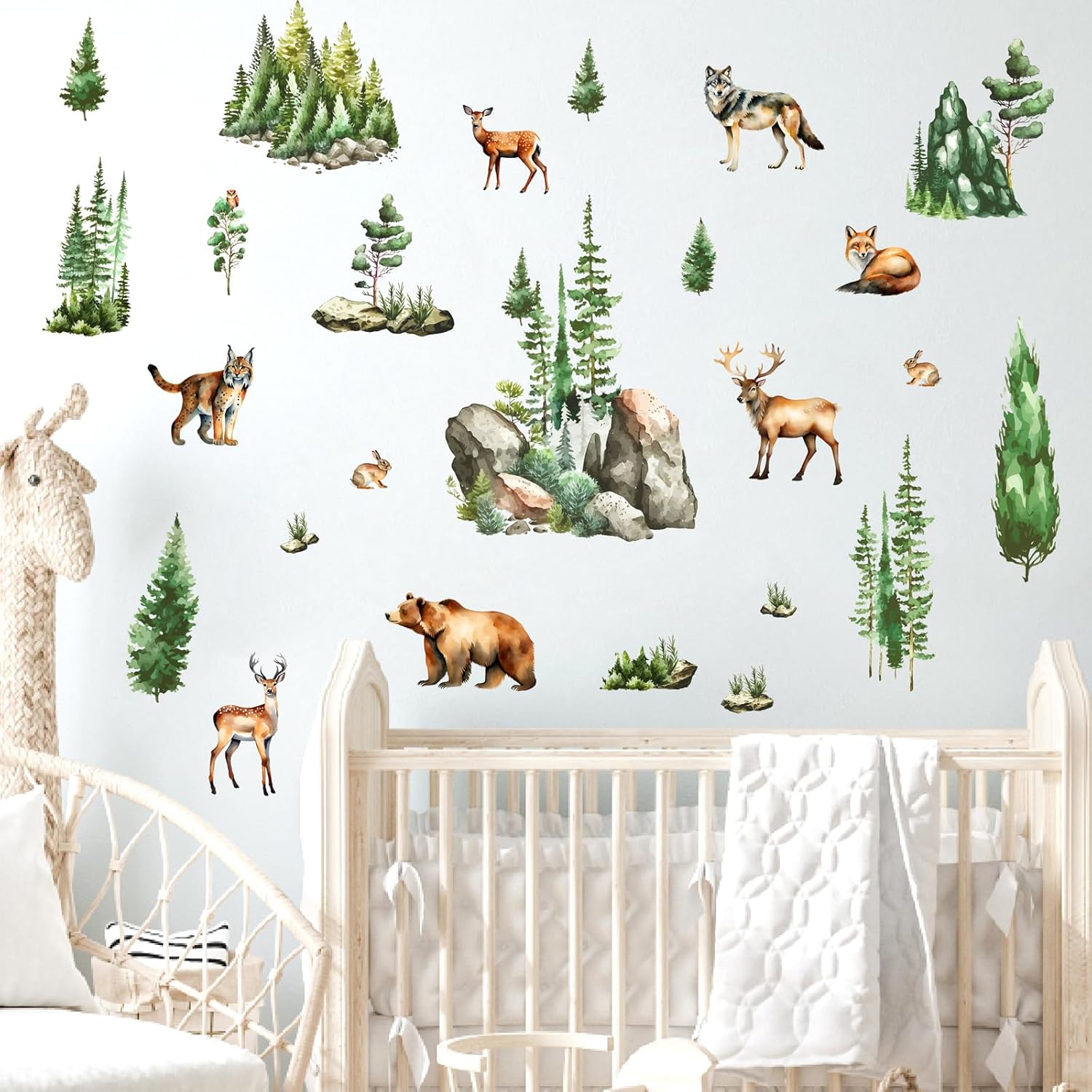 Woodland Animal Window Stickers with Green Pine Tree and Mountain Scenes