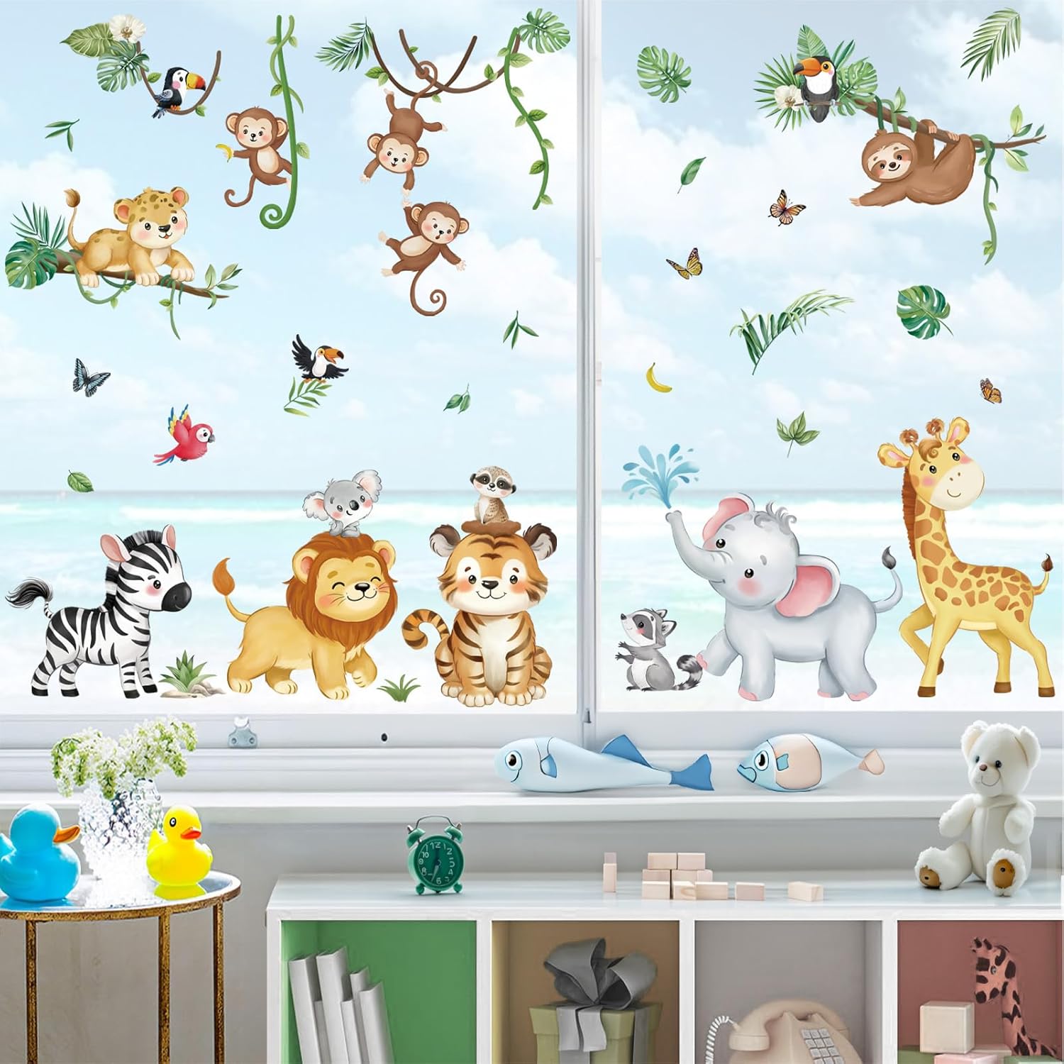 Decalmile Summer Safari Double Sided Jungle Animals Window Clings