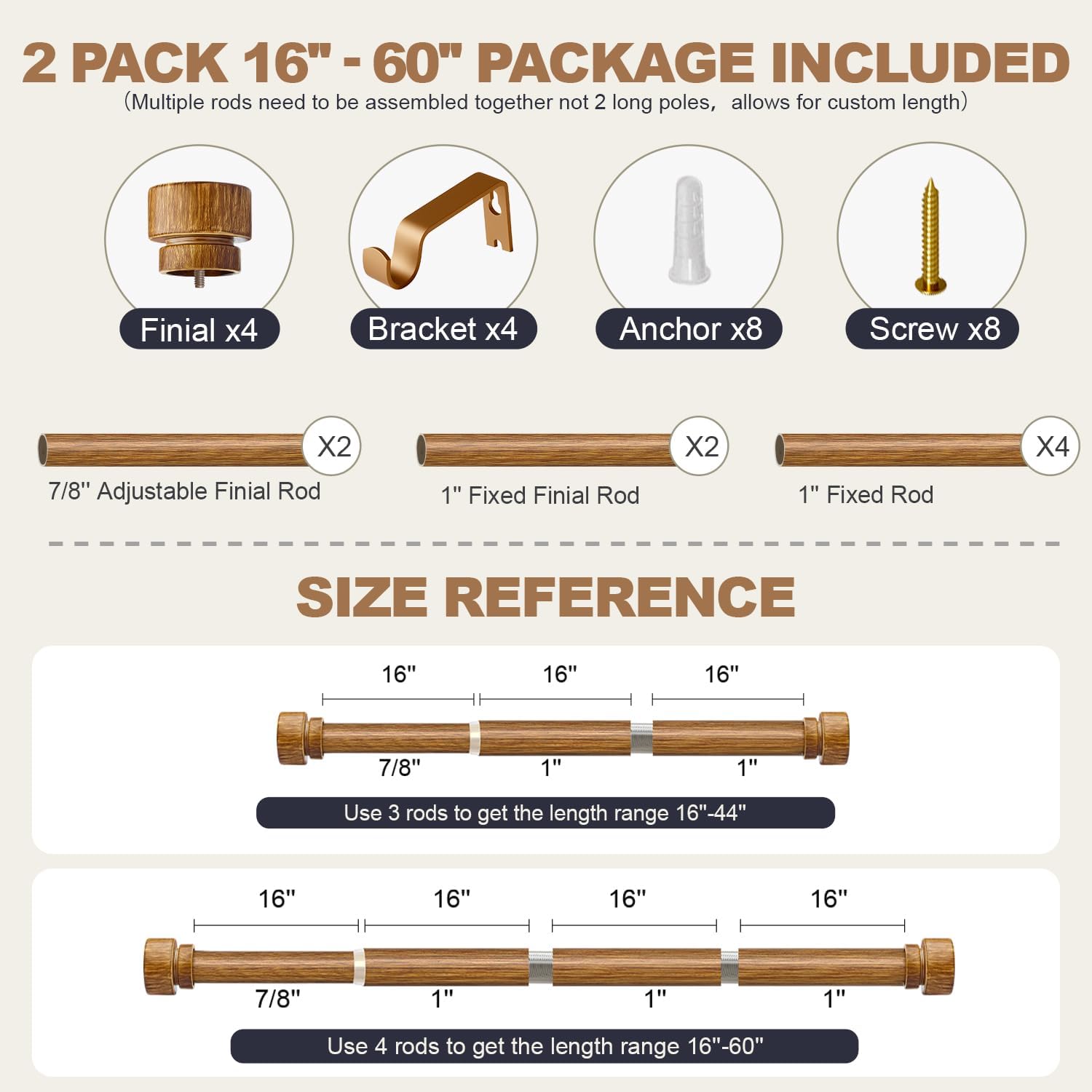 2 Pack Wood Curtain Rods for Windows 28 to 48 Inches