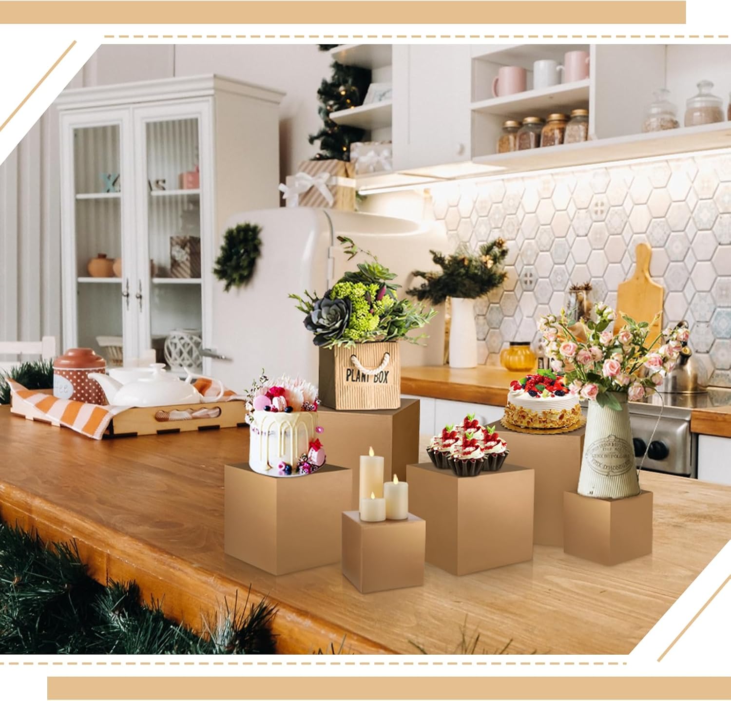 BBTO 6 Pcs Wooden Gold Buffet Risers Display Set