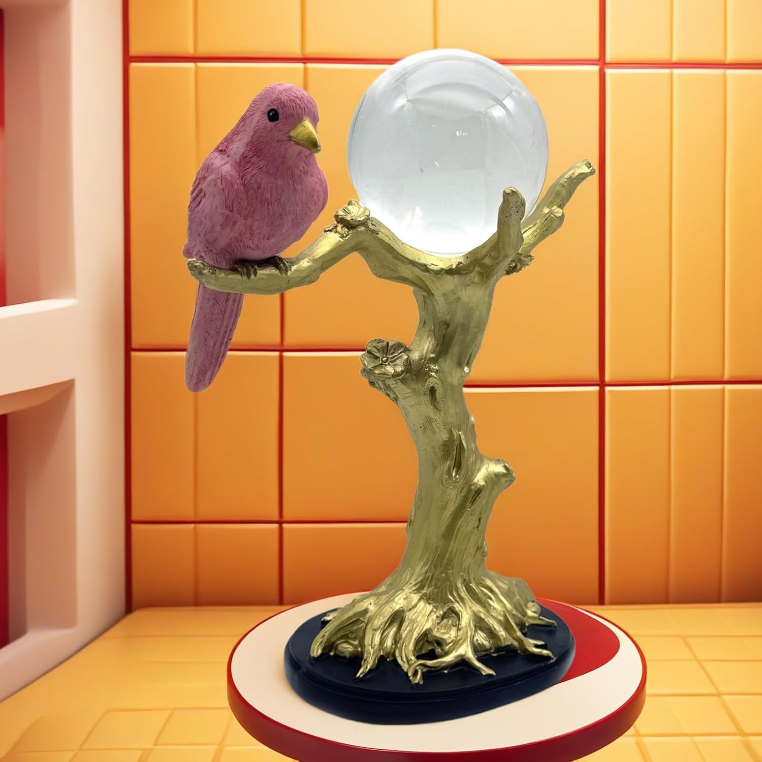 Pink Resin Bird on Tree Branch with Crystal Glass Ball Statue
