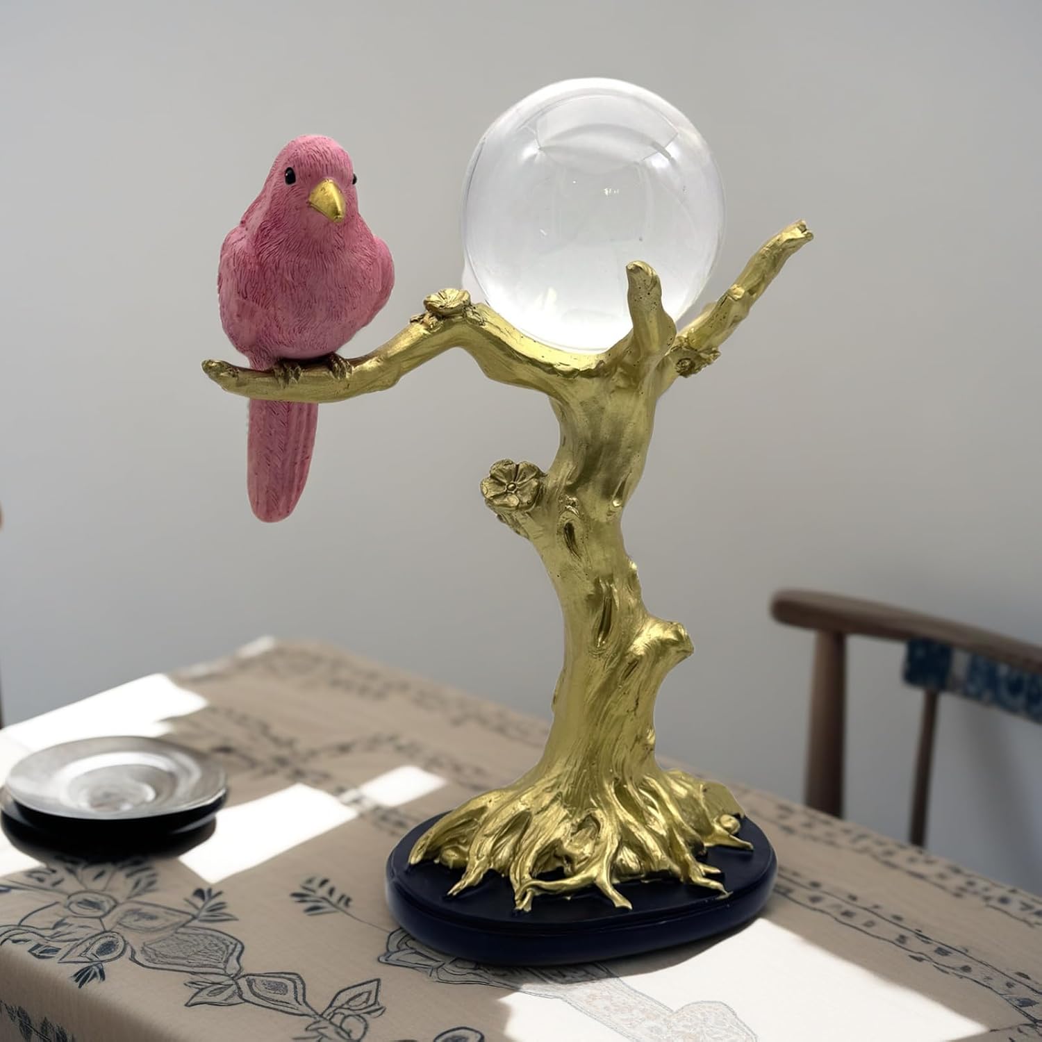 Pink Resin Bird on Tree Branch with Crystal Glass Ball Statue